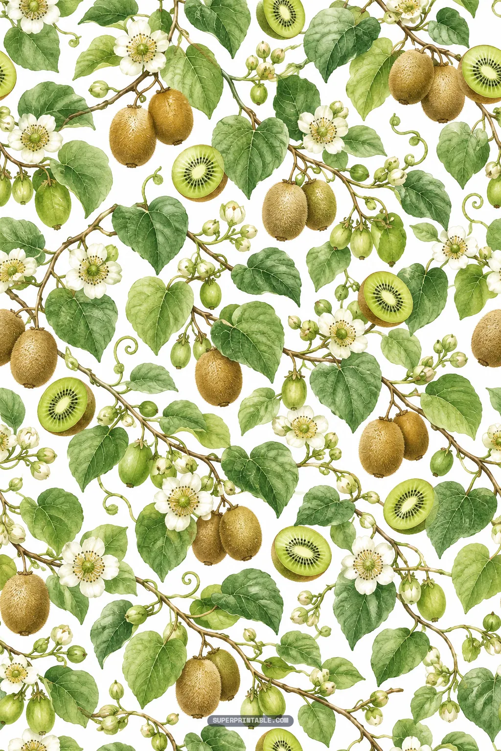 vintage botanical watercolor vines with fuzzy kiwis, sliced fruit, and white flowers