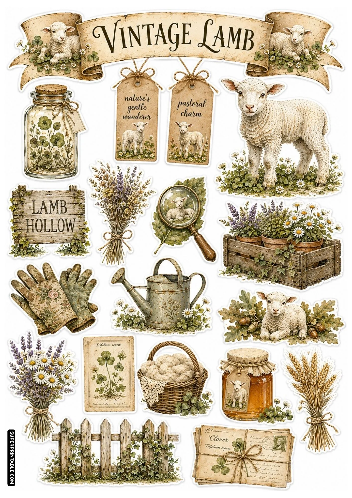 Vintage lamb sticker sheet in antique sepia tones featuring botanical clover prints and lambs.