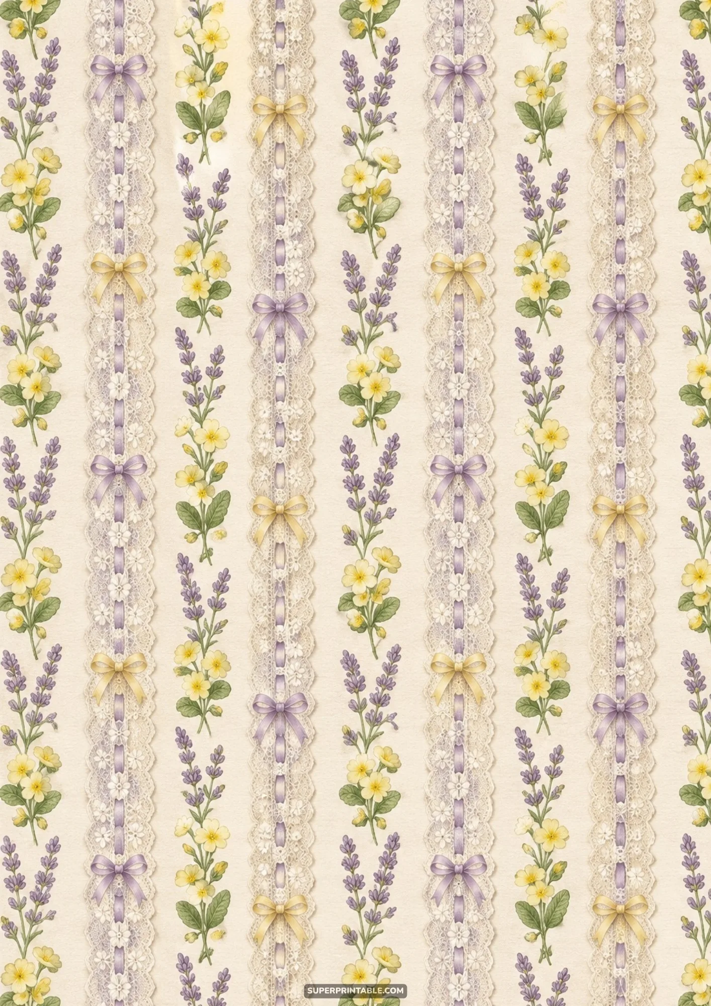 Vintage cream paper striped with delicate lace ribbons and purple lavender sprigs