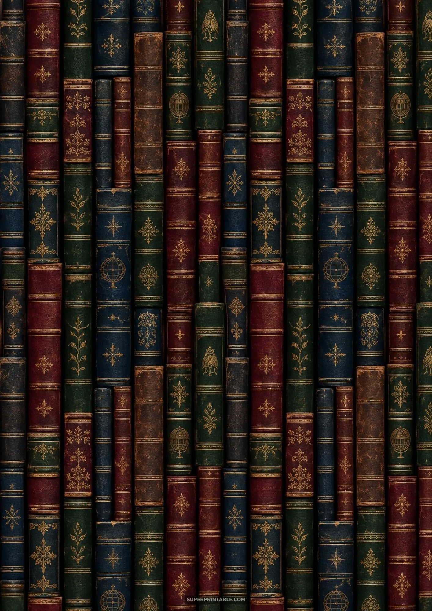 Pattern of antique leather book spines in burgundy, navy, and forest green with gilded details