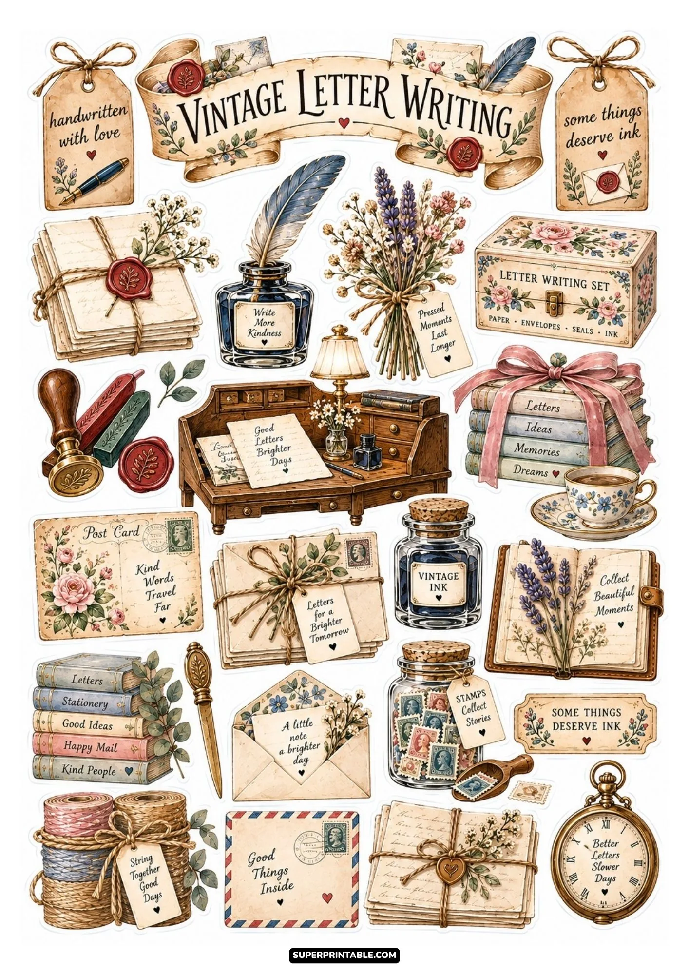 Vintage letter writing sticker sheet featuring wooden writing desks, feather quills, wax seals, and airmail envelopes.