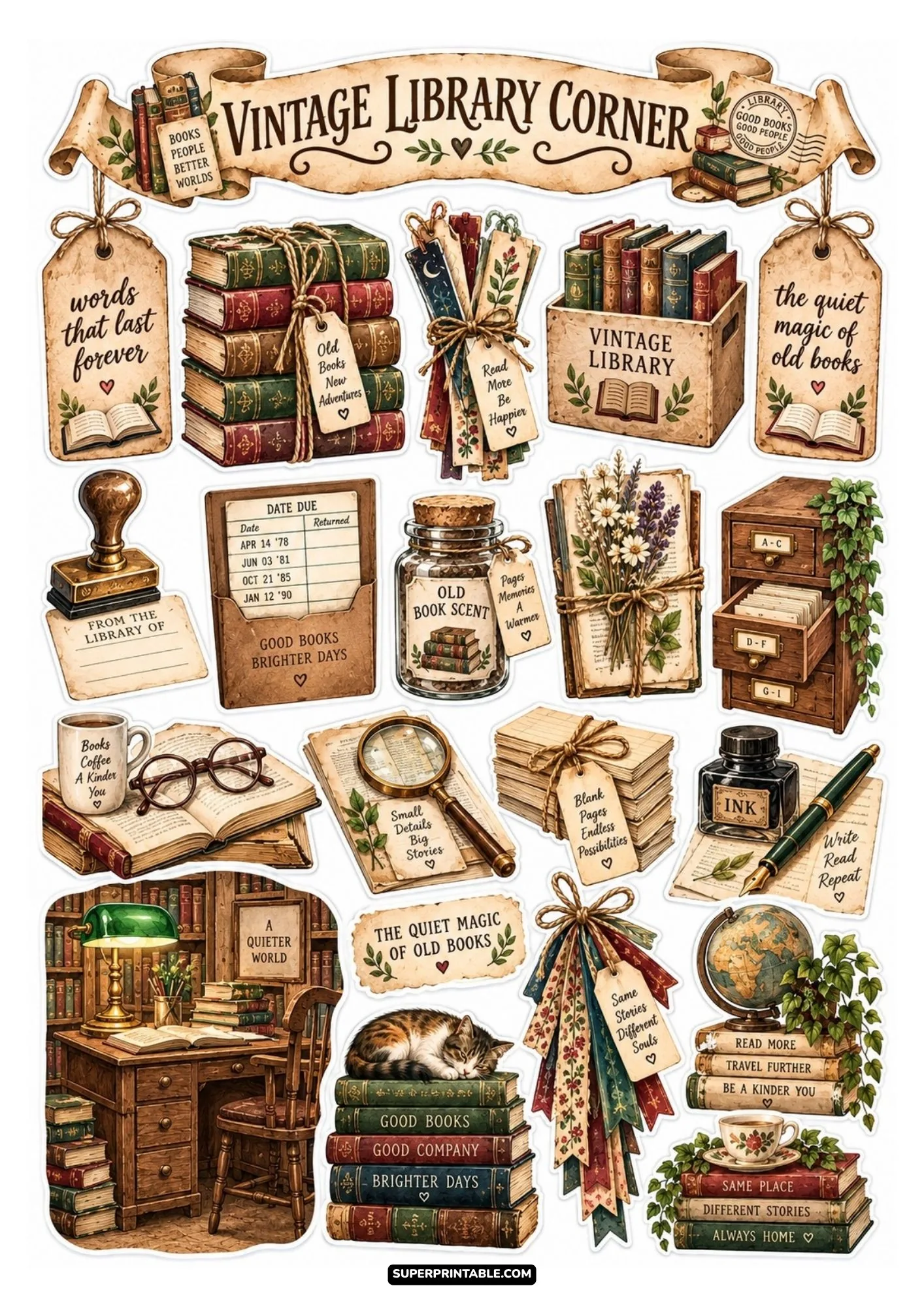 Vintage library corner printable stickers featuring antique books, card catalog drawers, and inkwell.