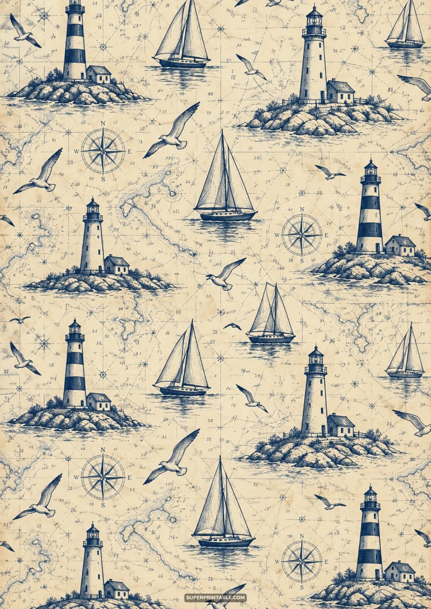 Vintage nautical pattern featuring lighthouses, sailboats, and compass rose