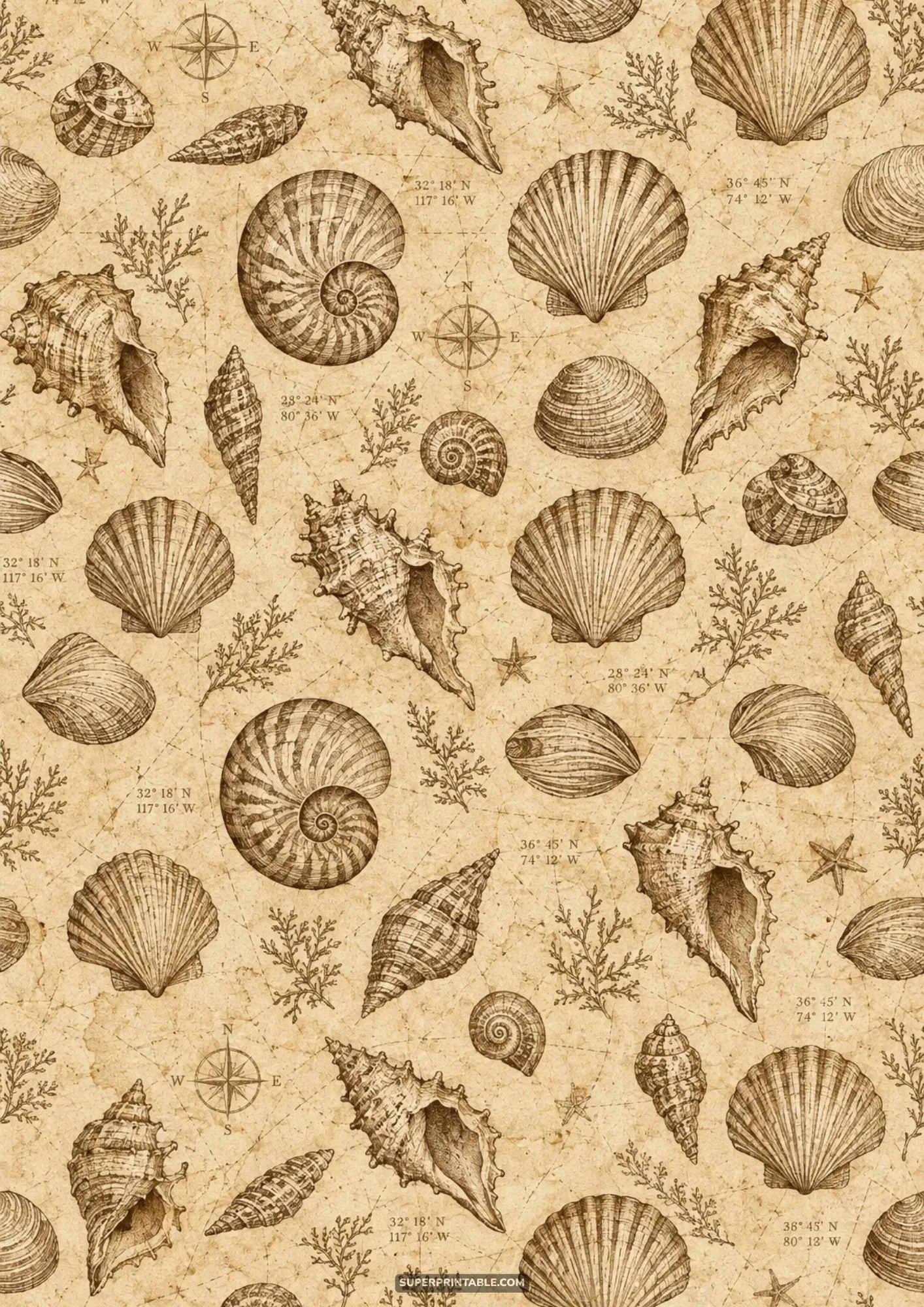 Vintage engraved seashell sketches and nautical compass roses on aged sepia parchment