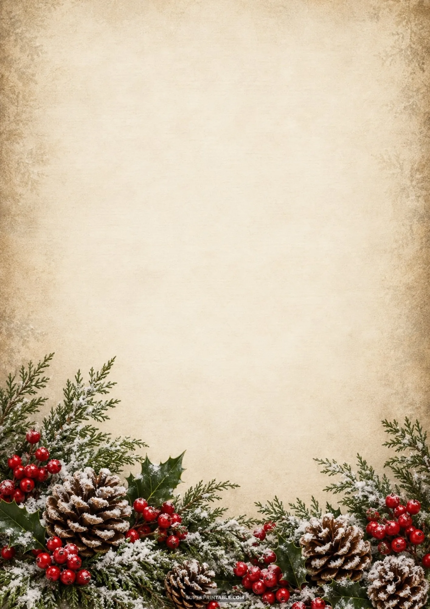 Antique parchment paper background with a bottom border of snowy cedar branches, red berries, and pinecones