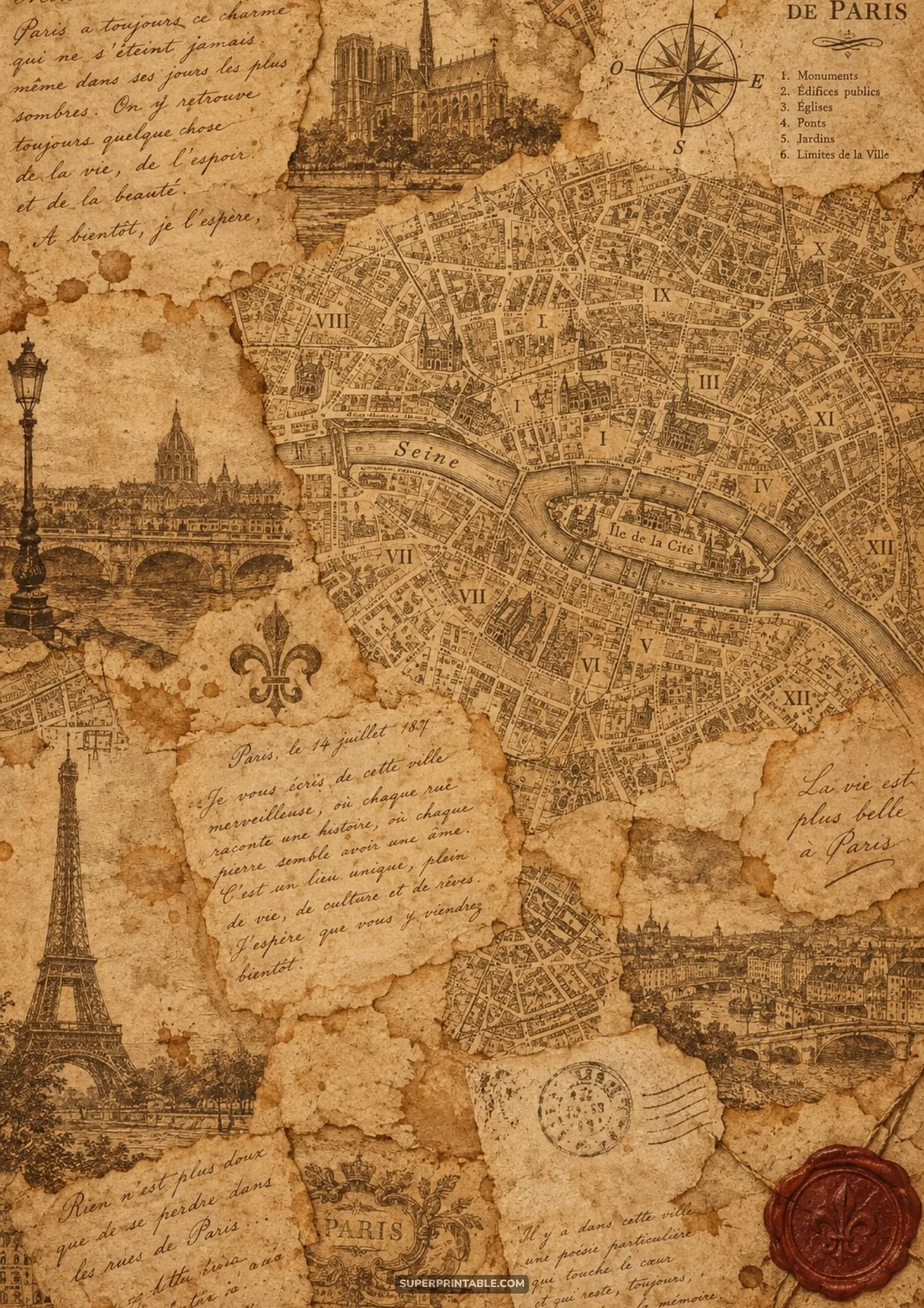 Historic Paris cartography collage featuring vintage street maps, Notre-Dame cathedral, and Eiffel Tower