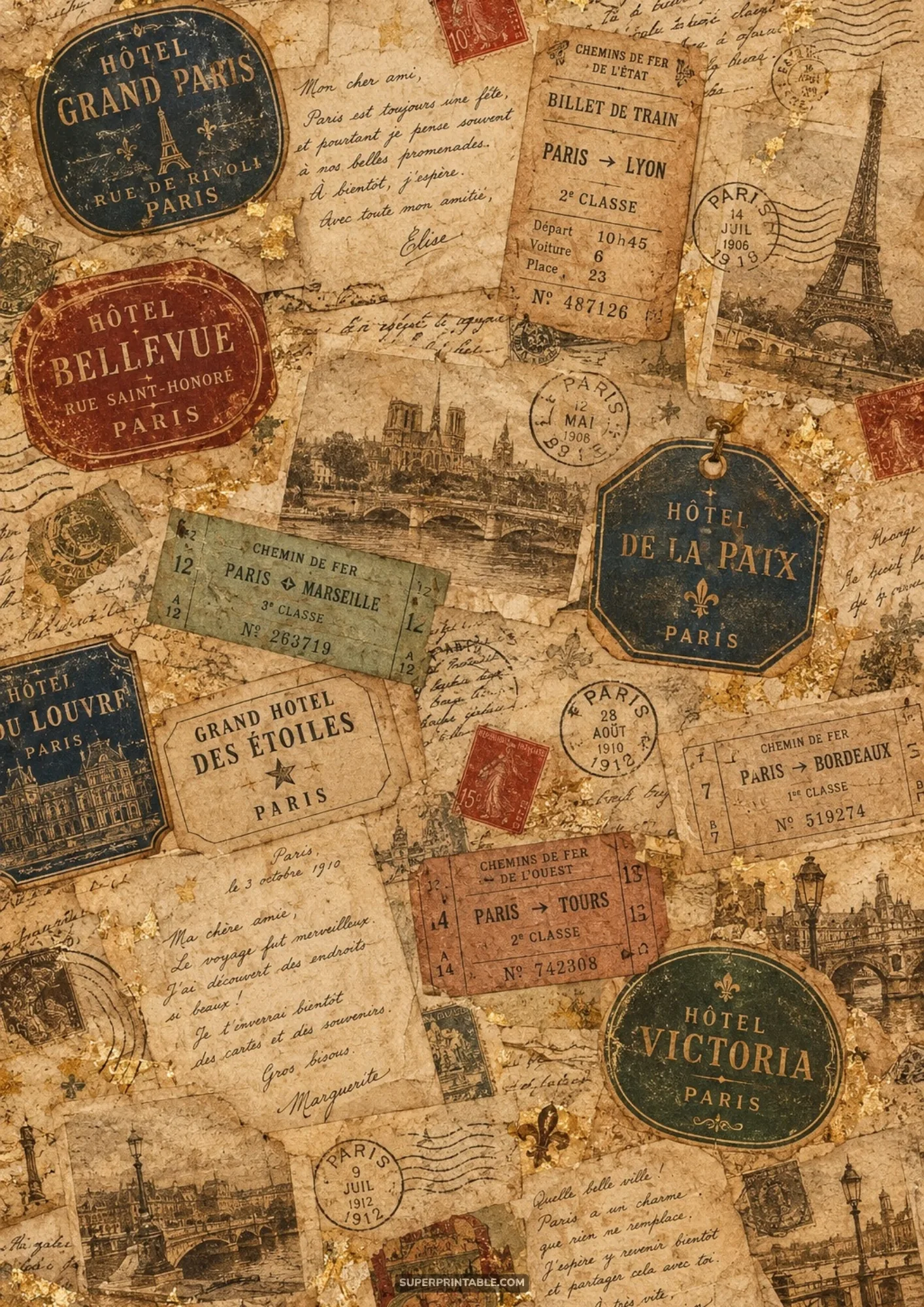 Vintage Parisian hotel luggage tags and antique railway train tickets with gold foil flecks on paper