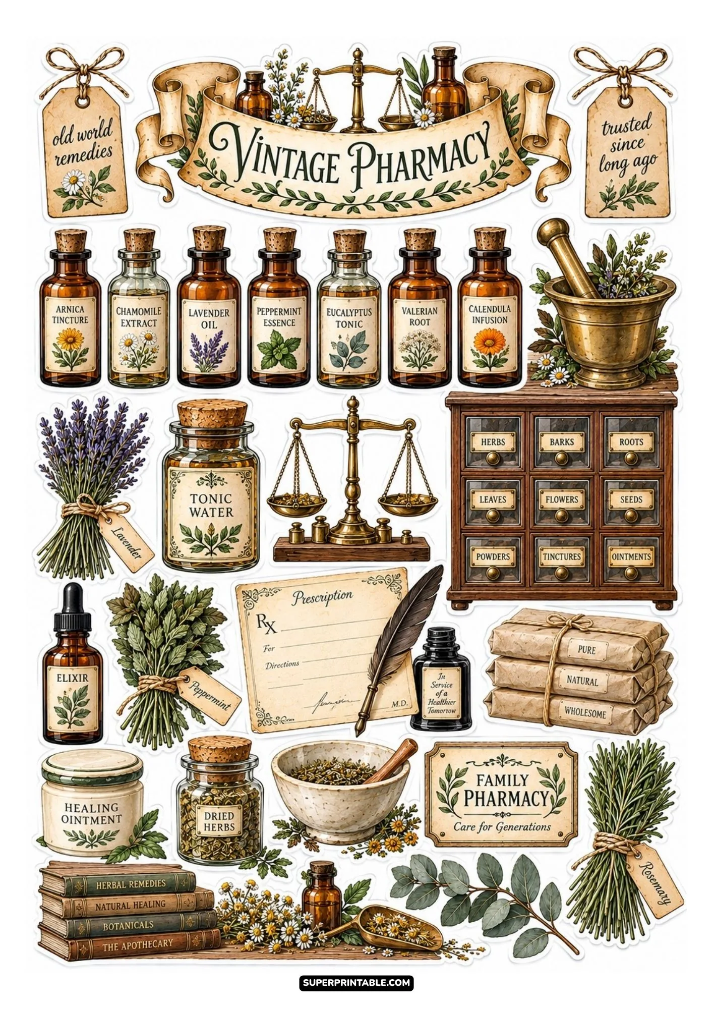 Vintage pharmacy sticker sheet featuring old remedy bottles, prescription pad, and quill.