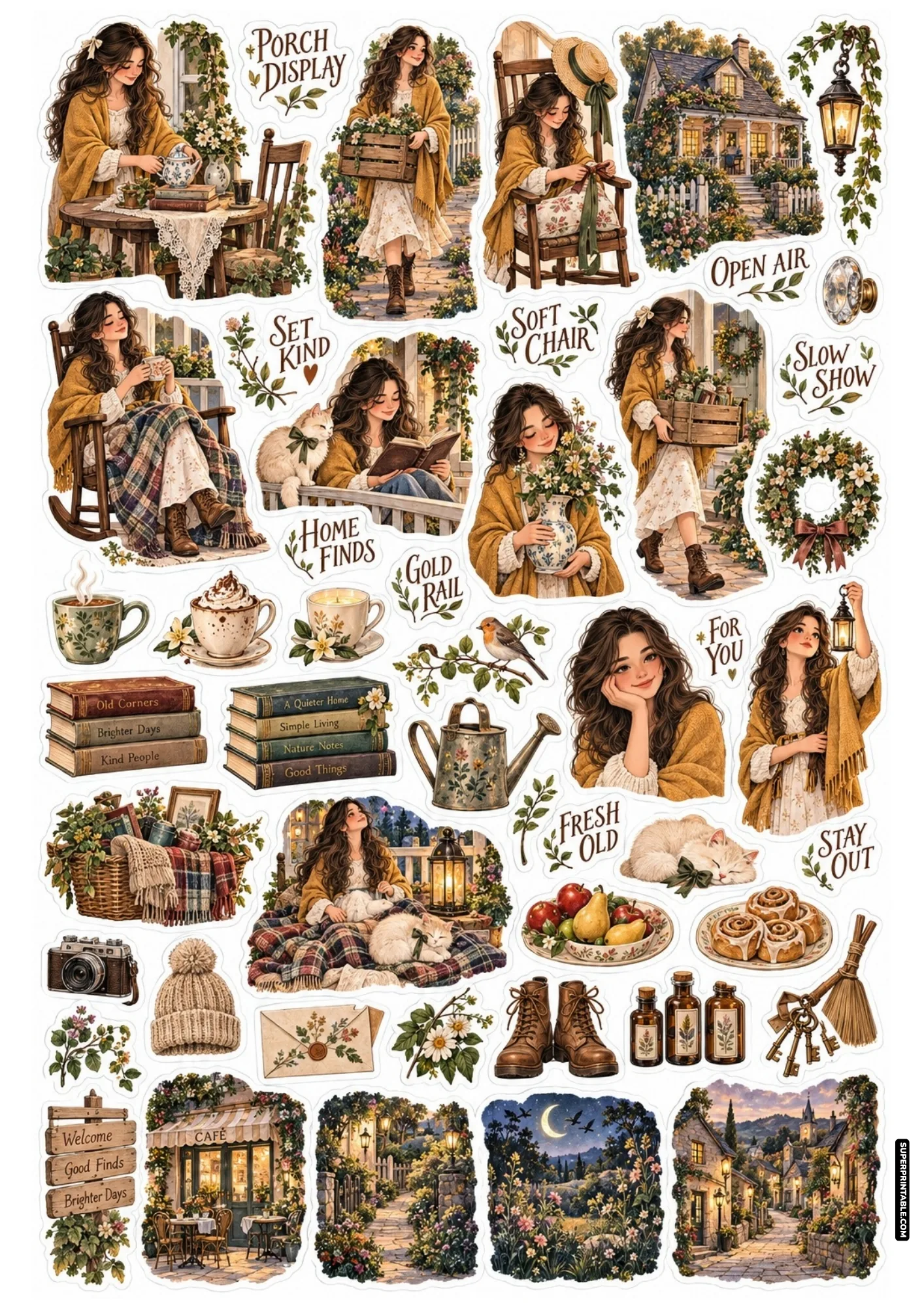 Vintage porch styling stickers featuring a girl decorating a cottage veranda with secondhand finds.