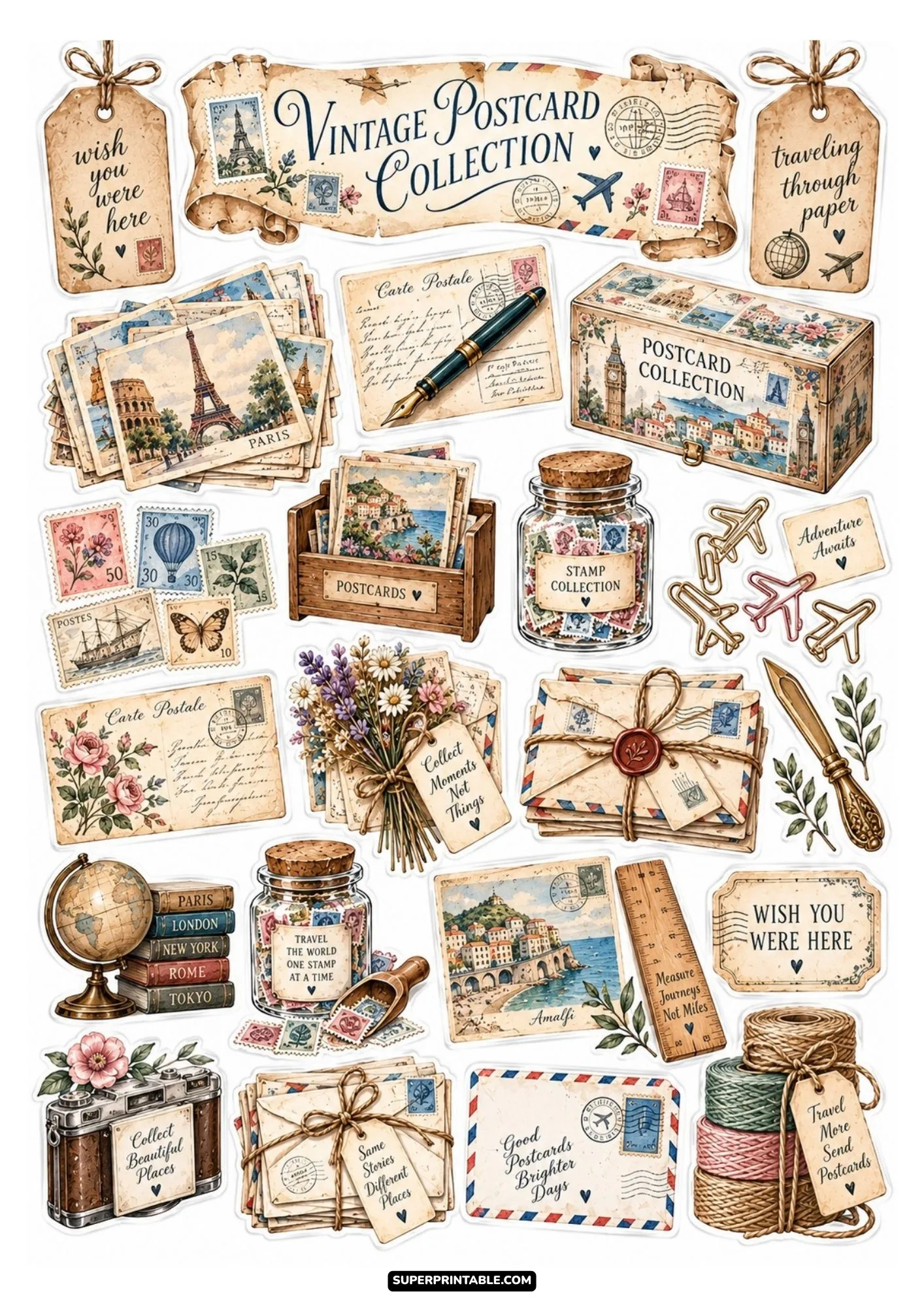 Vintage postcard collection sticker sheet with travel postcards, postage stamps, globes, and antique cameras.