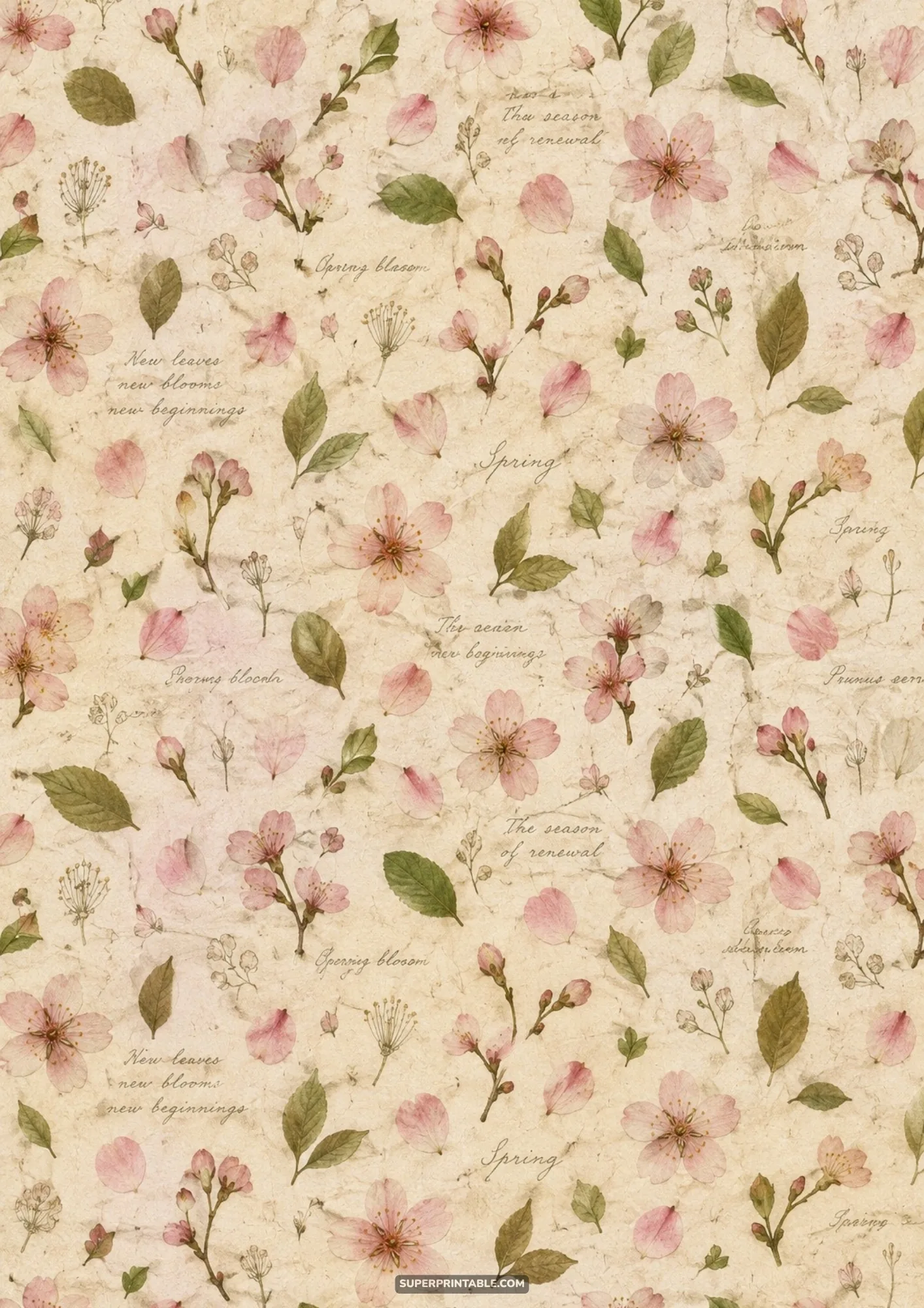 Vintage botanical parchment paper with pressed pink sakura flowers, green leaves, and delicate calligraphy