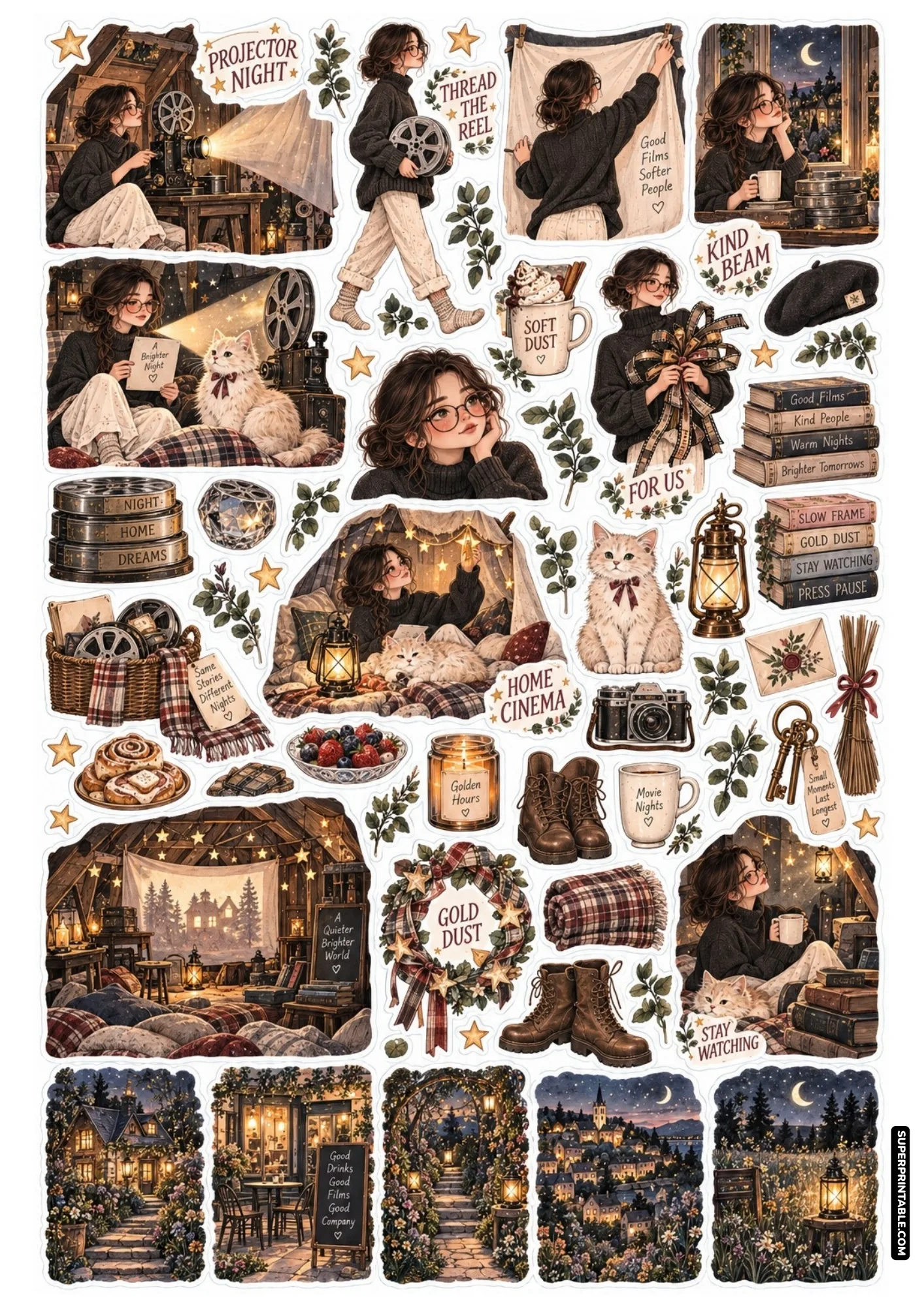 Planner stickers of a girl operating a vintage film projector in an attic cinema decorated with star lights and cushions.