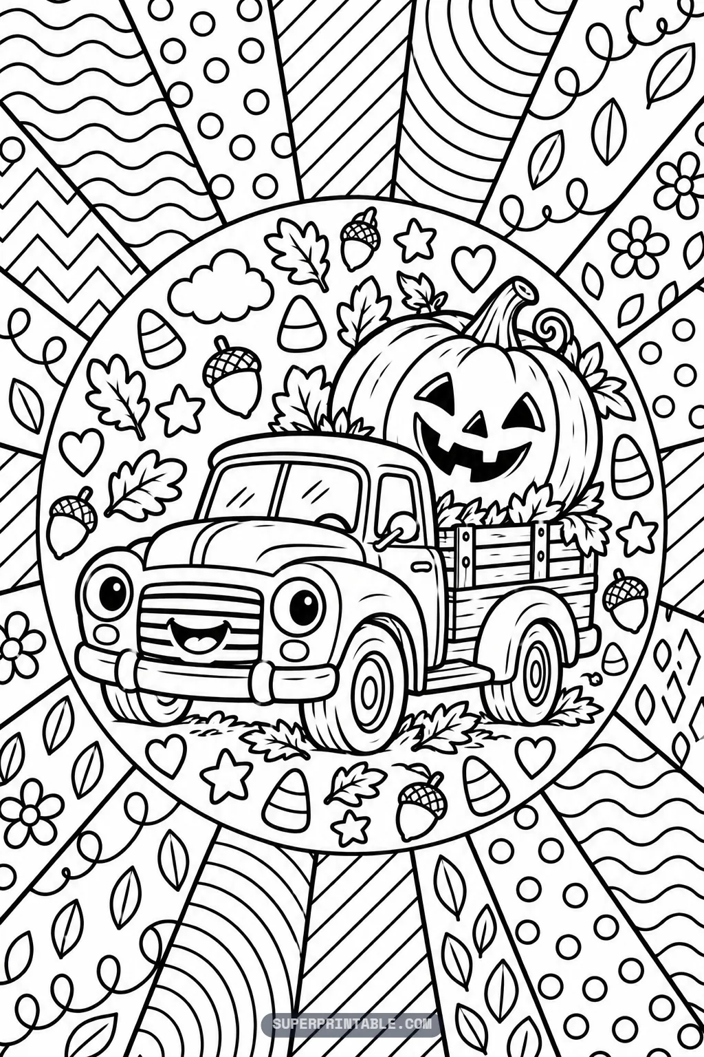 Friendly vintage pickup truck hauling a giant jack-o-lantern pumpkin surrounded by acorns and oak leaves