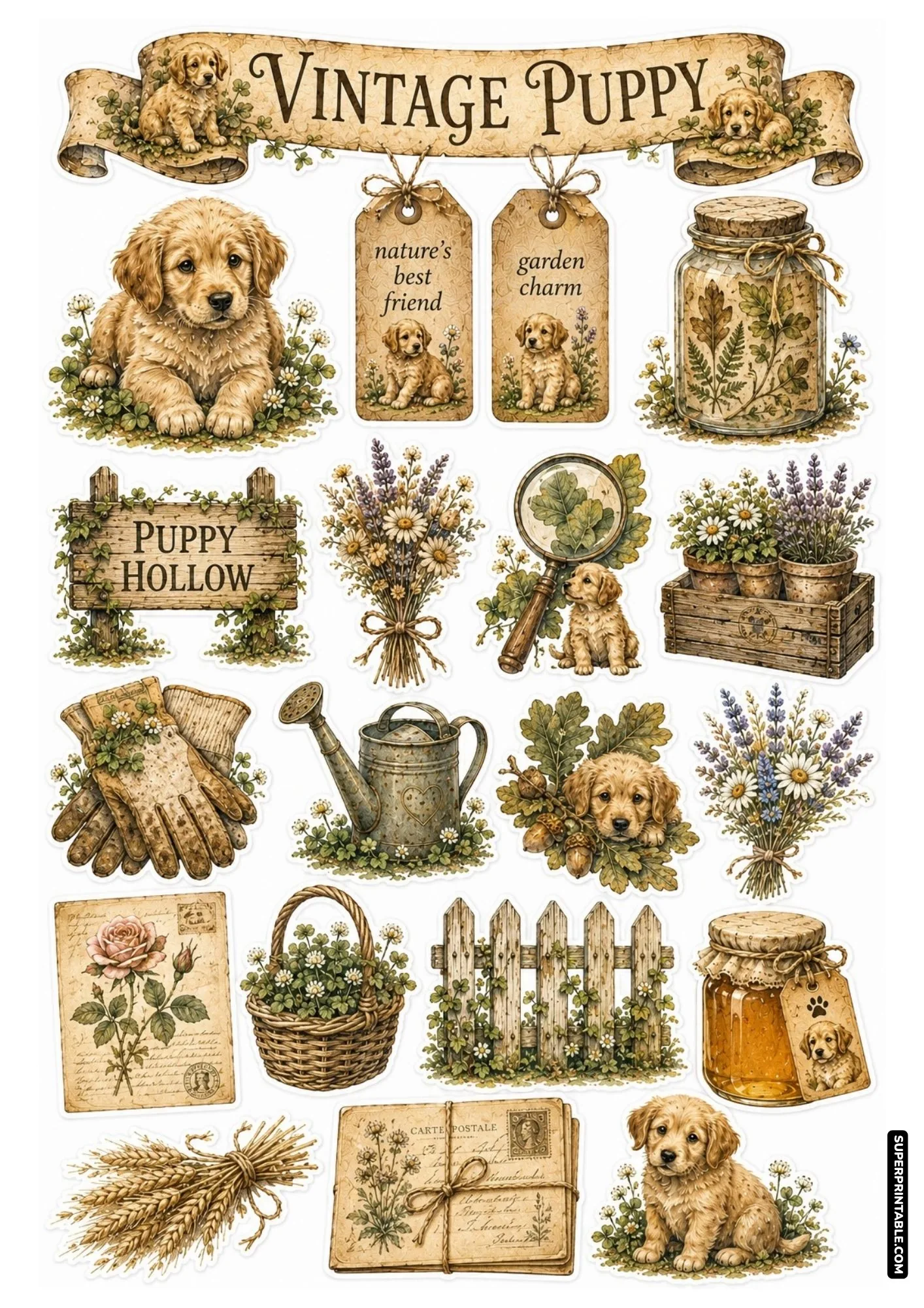 Vintage aesthetic sticker sheet portraying golden puppies with antique postcards, oak leaves, and wooden signs.