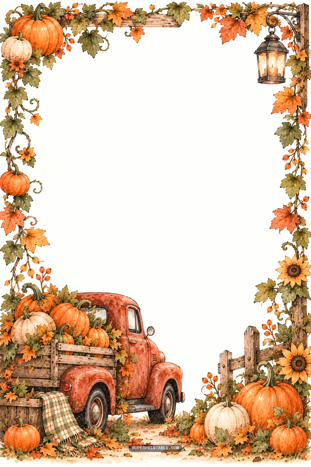 Rustic watercolor border featuring a vintage red pickup truck carrying pumpkins by a country fence.