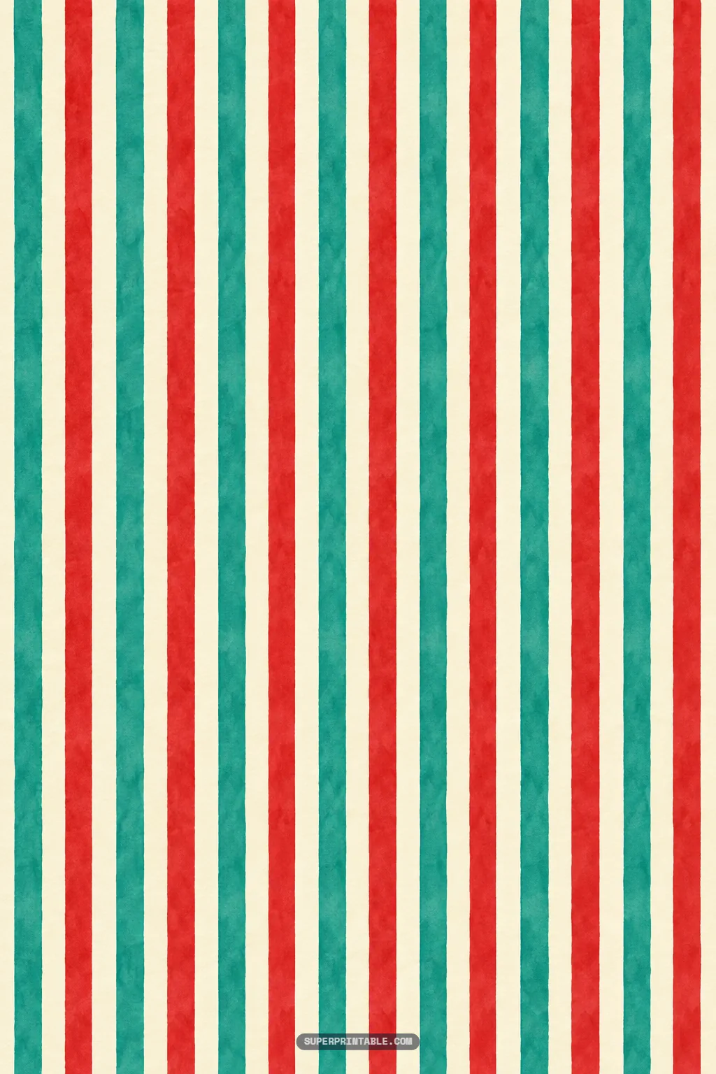 Vertical alternating awning stripes in retro red, cream, and turquoise teal with soft watercolor textures