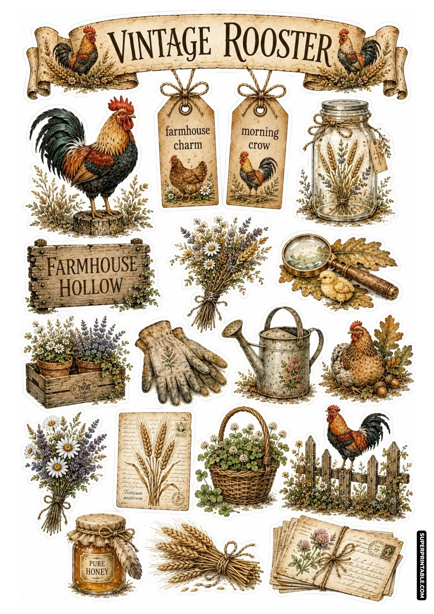 Vintage rooster sticker sheet showing detailed roosters, farmhouse hollow sign, wheat bundles, and honey jar.