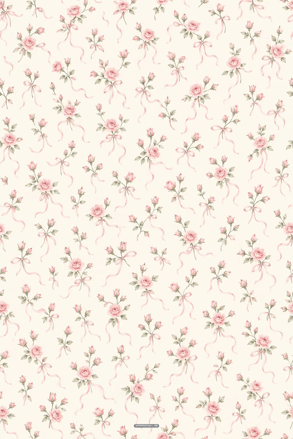 Scattered vintage watercolor rosebud bouquets tied with winding pink ribbons on a warm cream surface