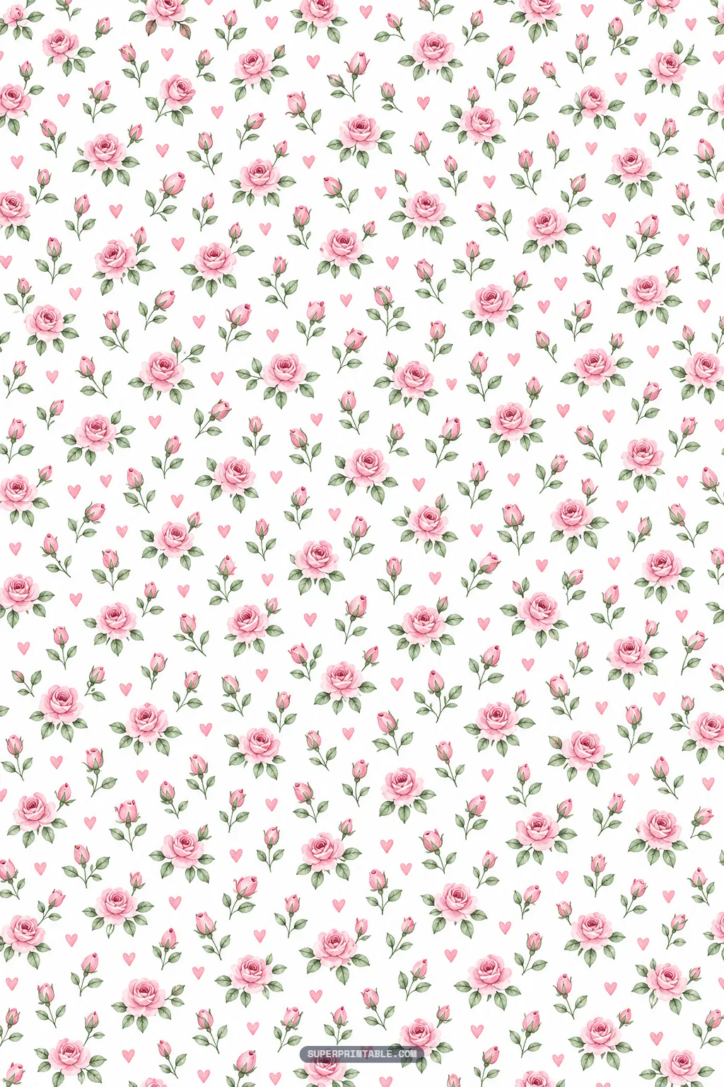 Petite pink watercolor rosebuds with green foliage and tiny hearts over an ivory background