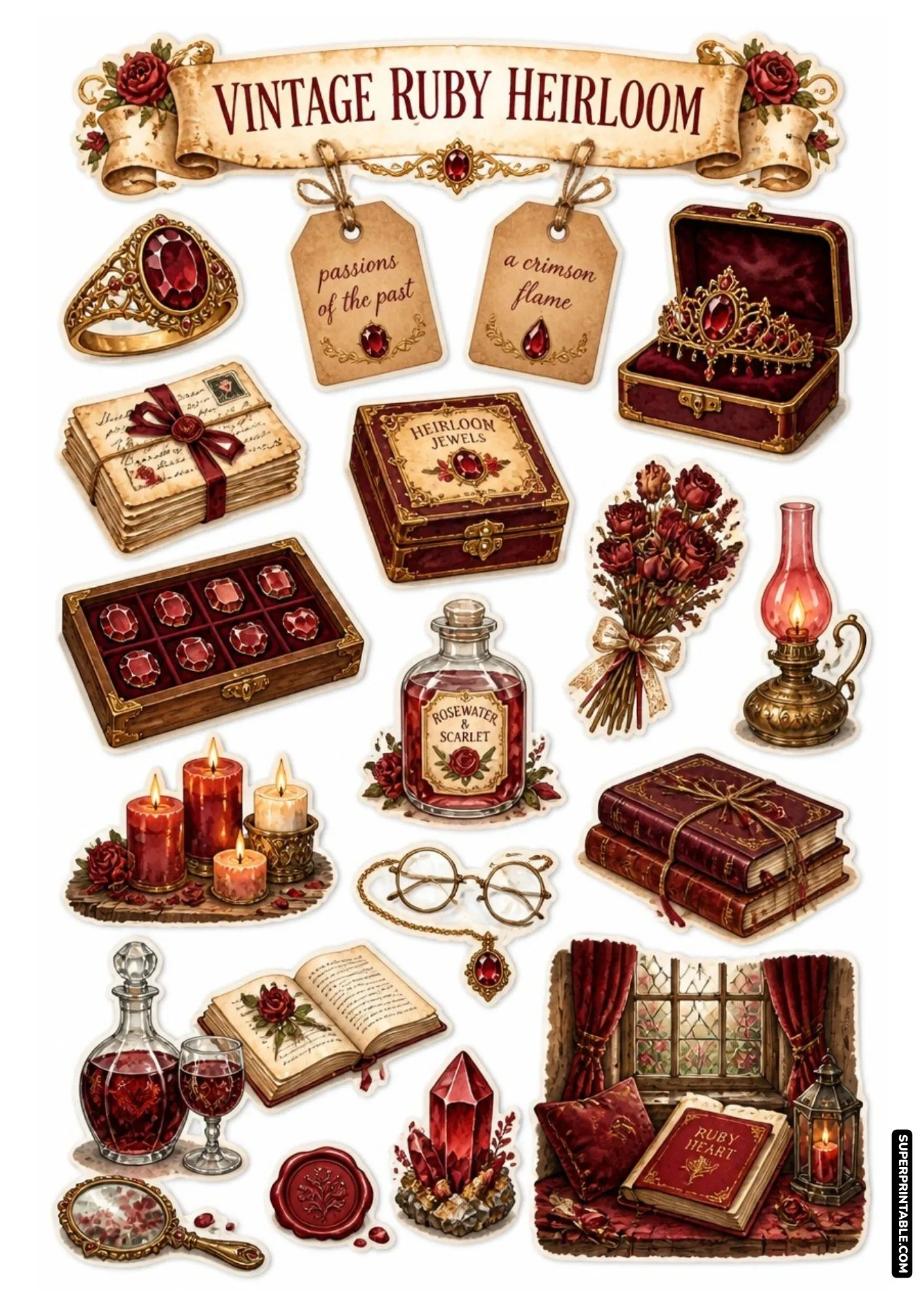 Deep crimson ruby gemstones, vintage letters, velvet jewelry box, and red rose bouquet sticker sheet.