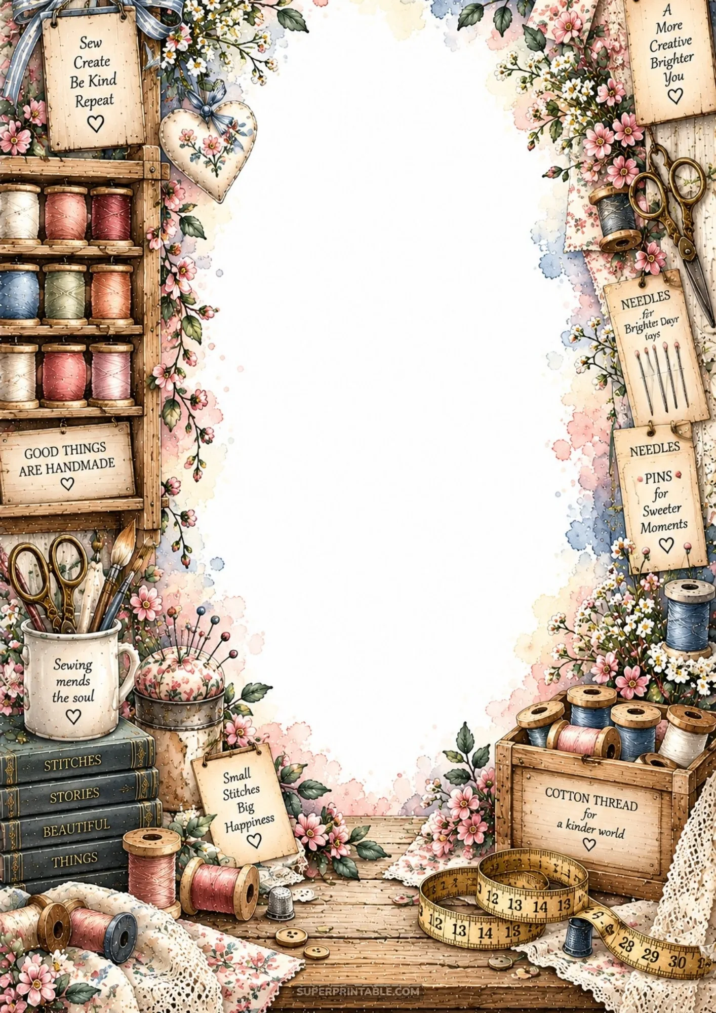 Decorative vintage sewing border with colorful spools of thread, measuring tape, and antique scissors around blank paper.