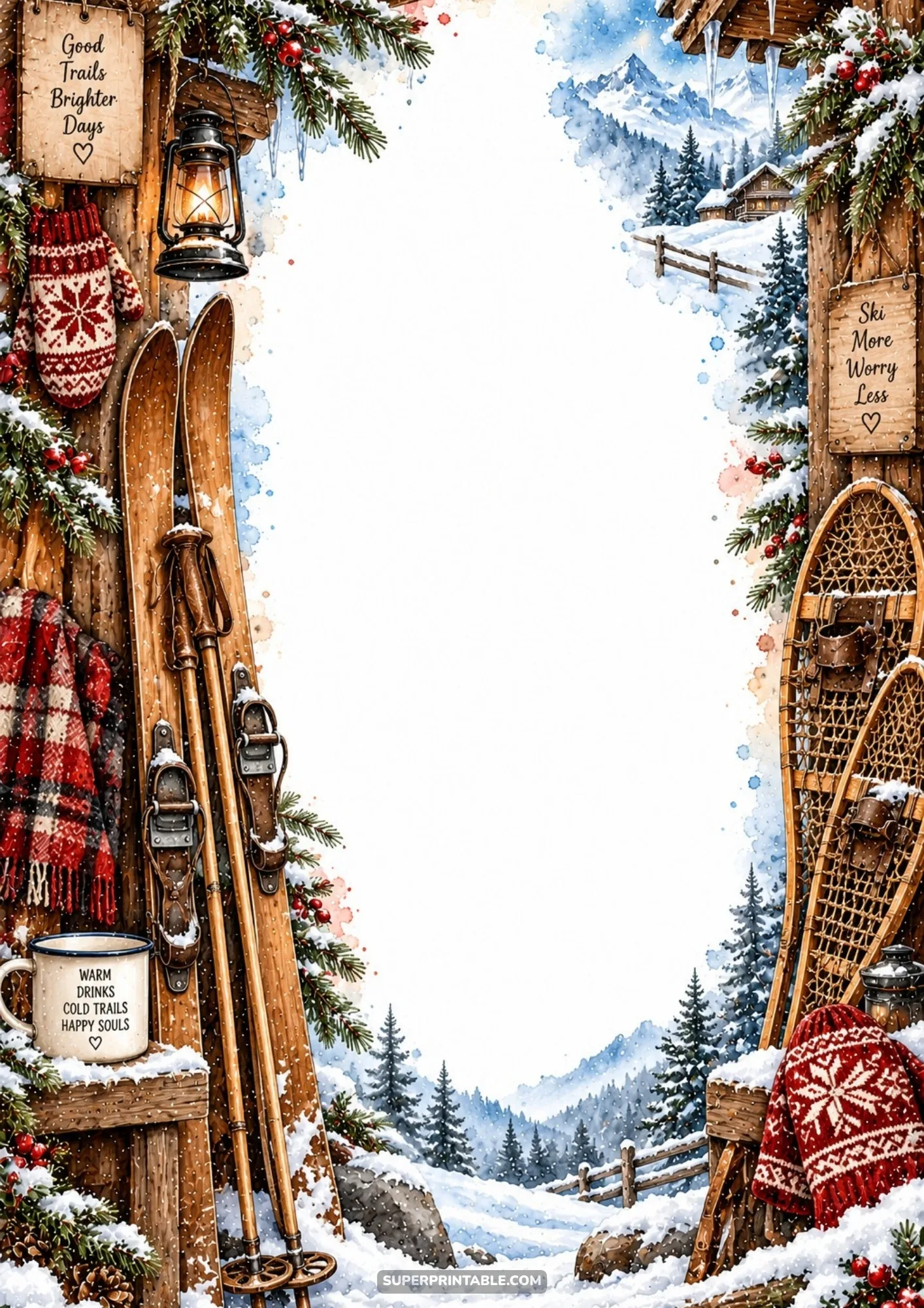 Vintage wooden skis, snowshoes, and cozy cabin porch overlooking snowy alpine mountain peaks.