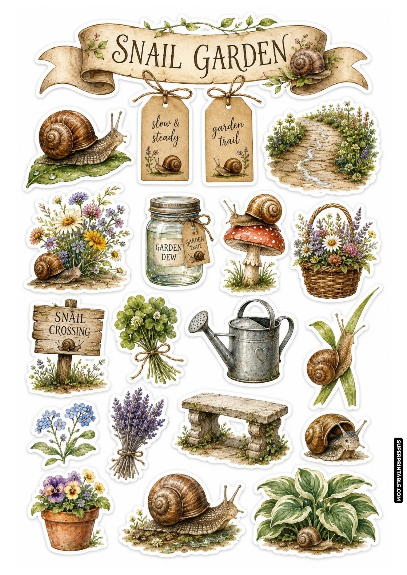 Printable garden snail sticker sheets featuring wooden crossing sign, garden dew jar, and stone bench.