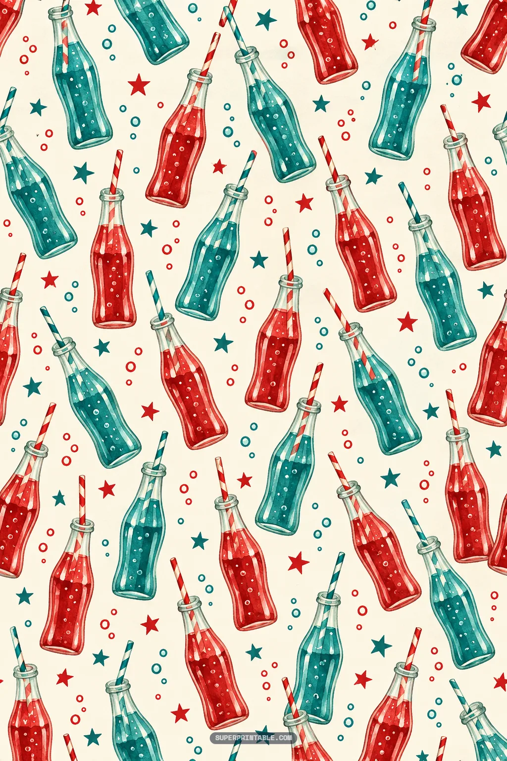 Glass soda bottles filled with fizzy red and teal pop, striped straws, and bubbles on ivory paper
