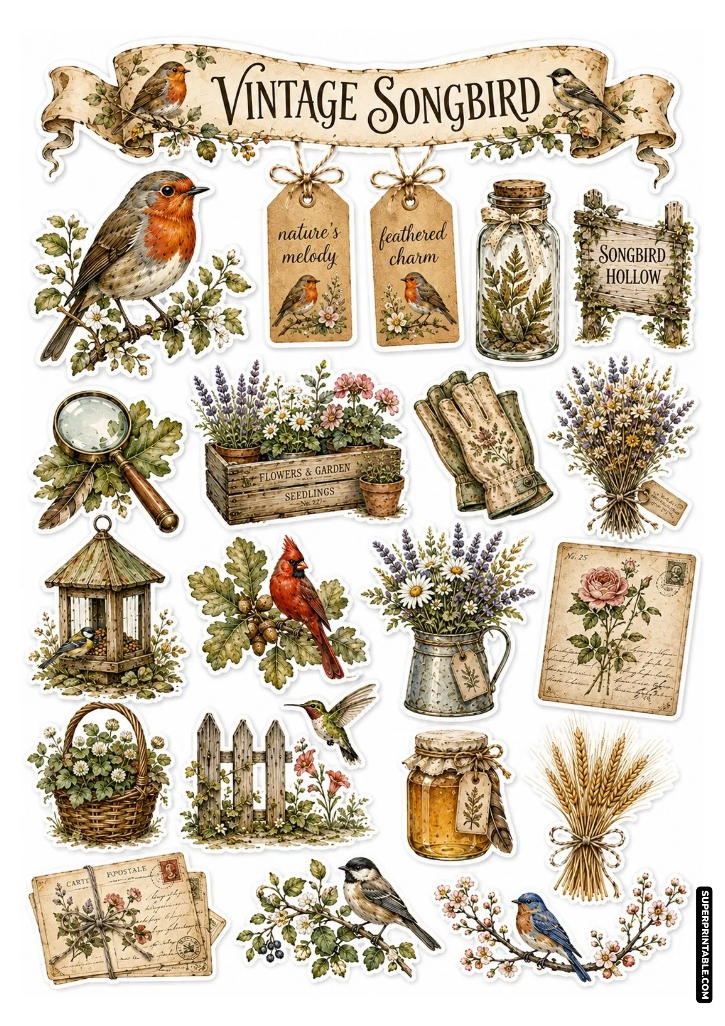 Vintage style songbird printables with antique postcards, magnifying glass, and bluebirds.