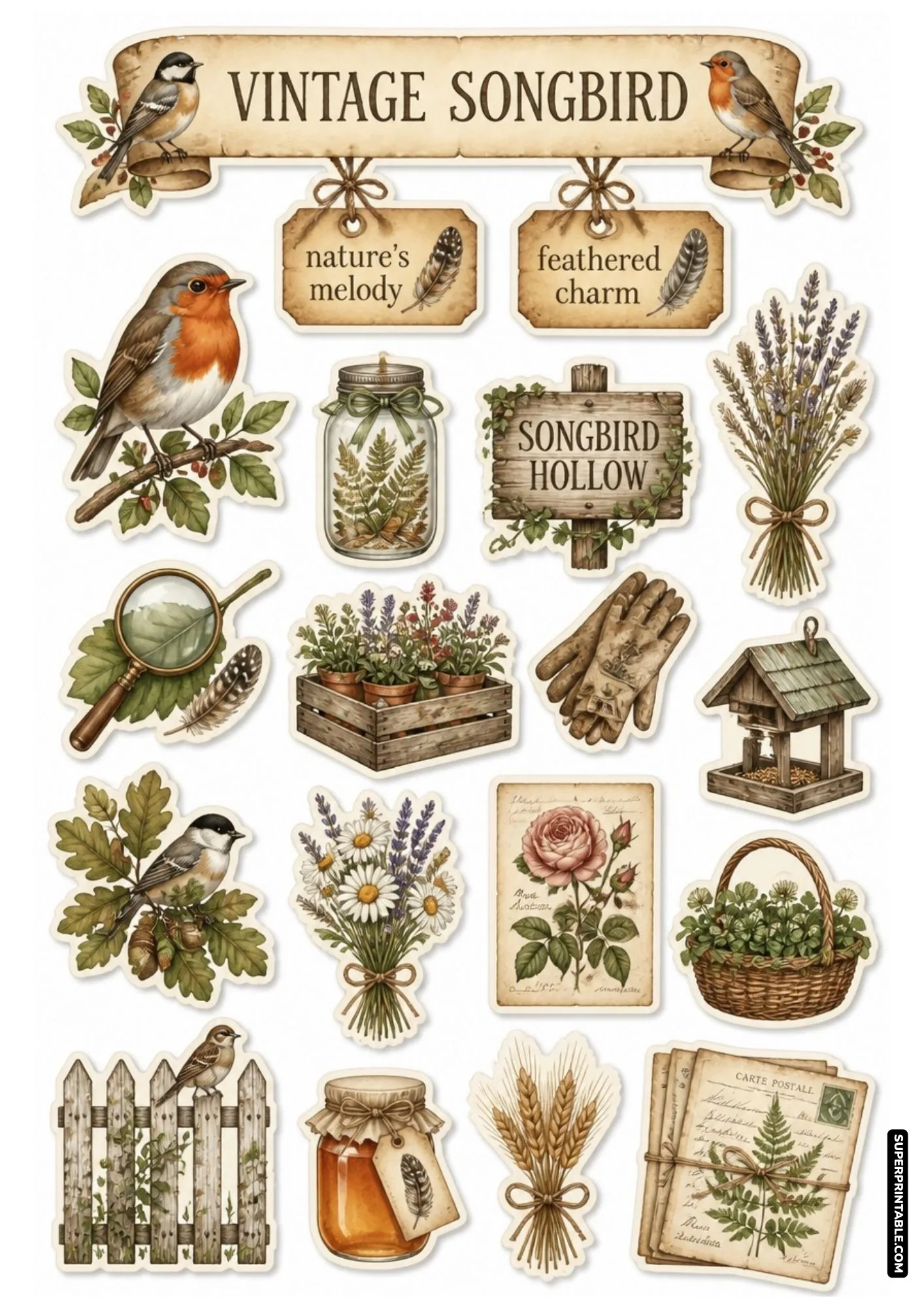 Vintage songbird stickers with antiqued botanical notes, leather gloves, and wooden signs.
