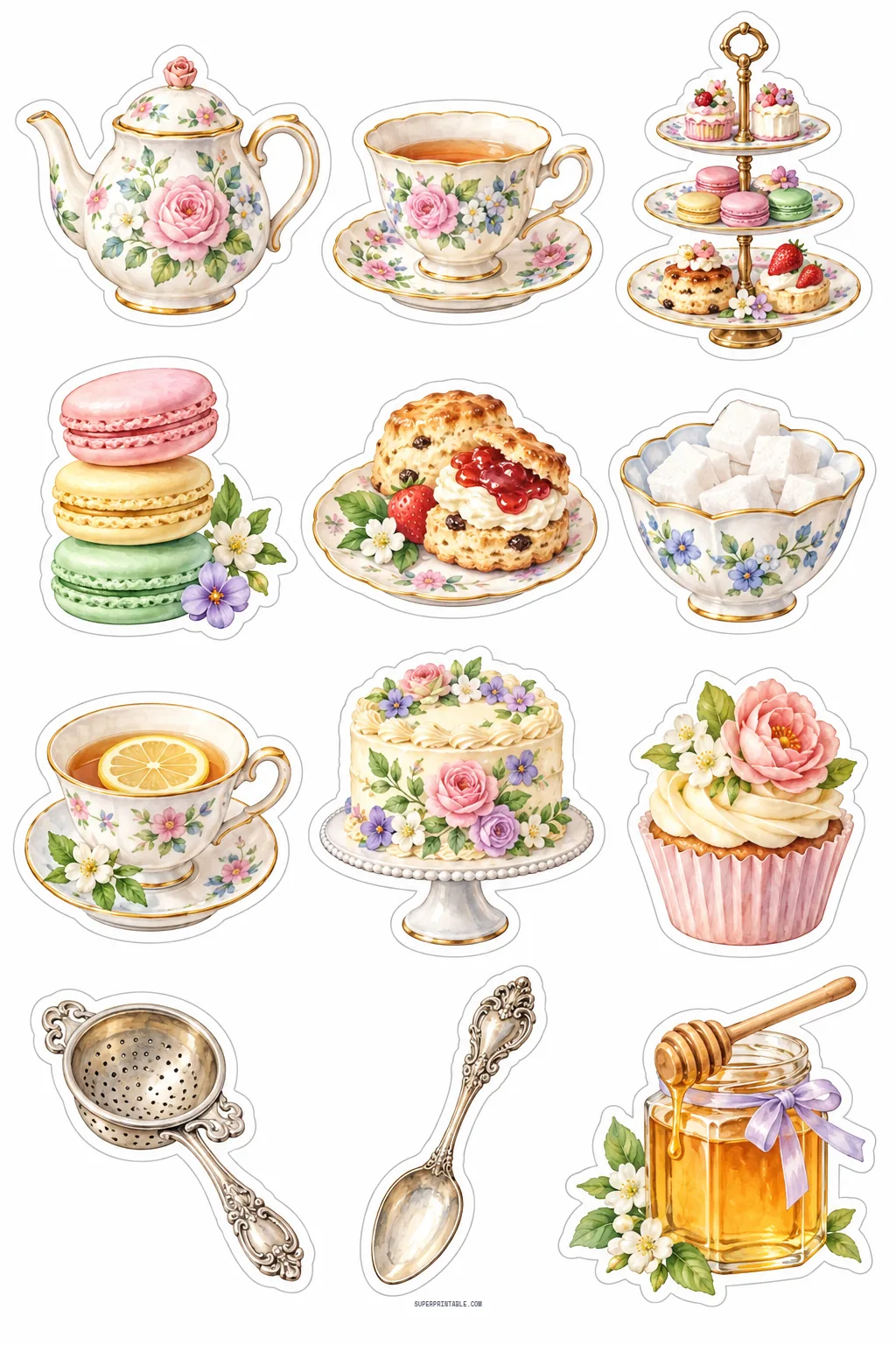 Vintage tea party stickers with floral china teapot, teacups, scones, decorated cakes, and pastel macarons