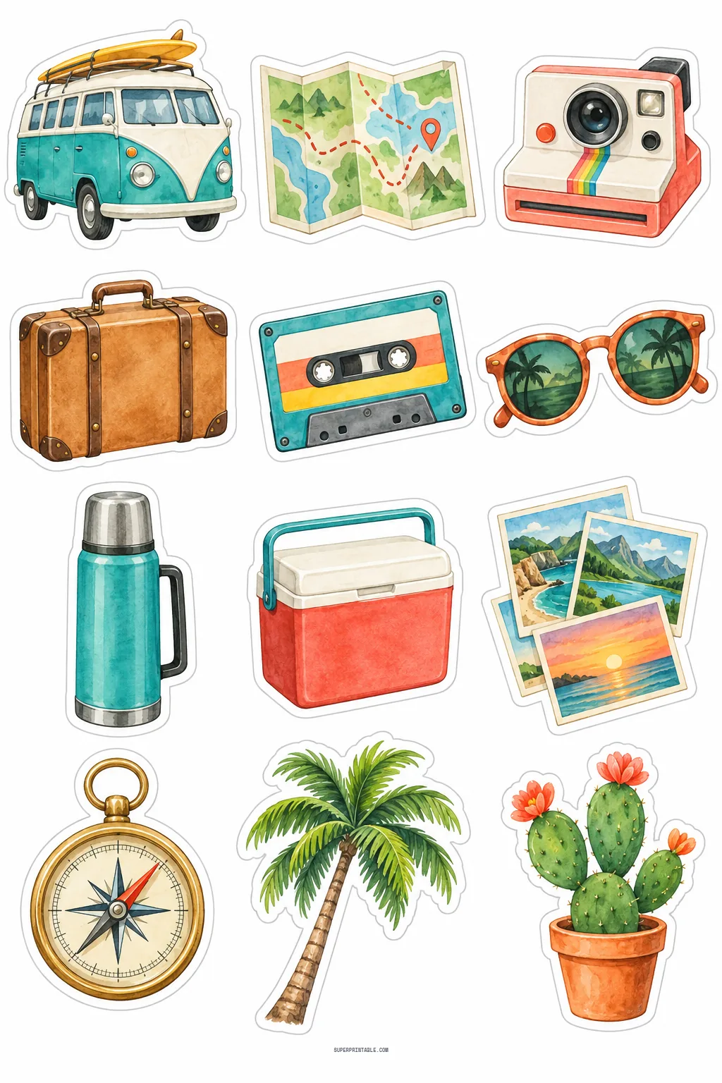 Vintage summer road trip stickers featuring retro camper van, folded map, instant camera, and cassette tape