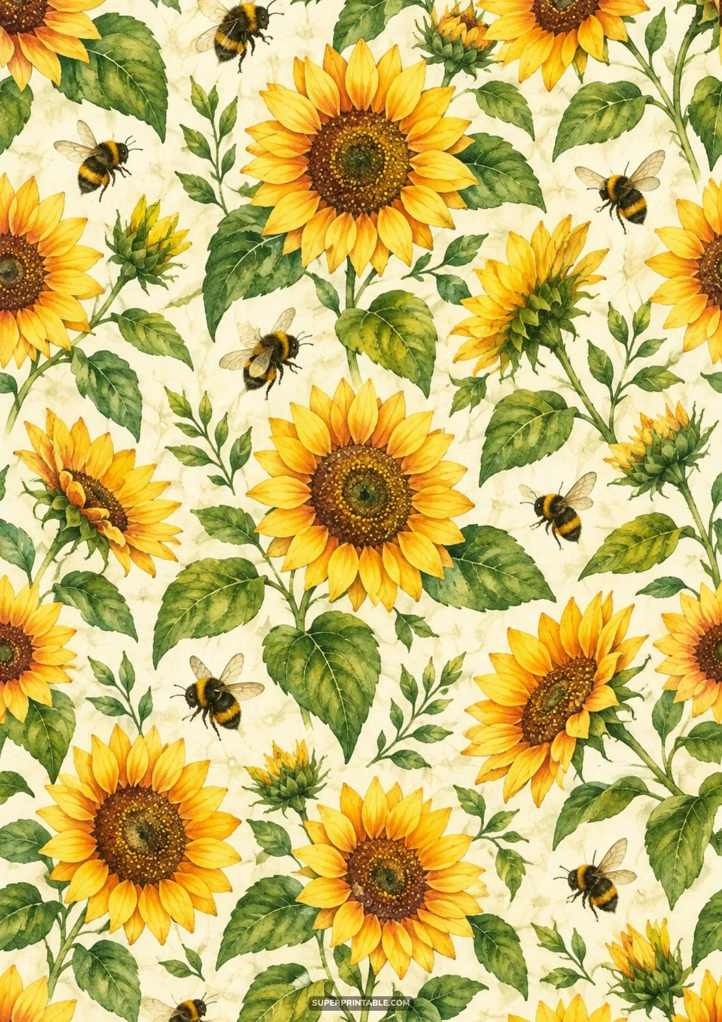 Detailed botanical watercolor repeat pattern of yellow sunflowers and bumblebees against an aged parchment cream ground