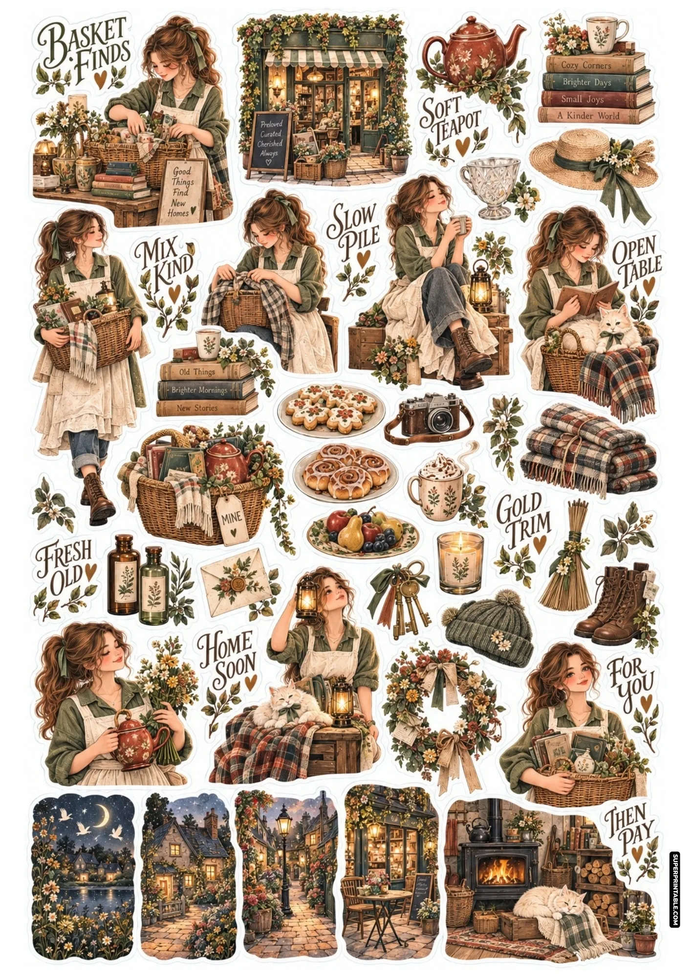 Vintage tableware stickers showing rustic ceramic teapots, woven baskets, and market day treasures.