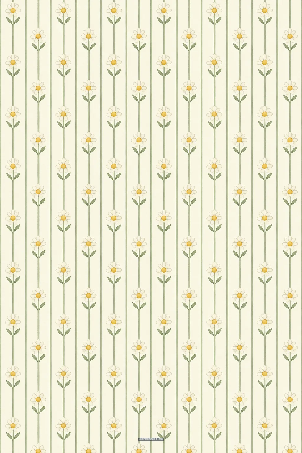 Charming vertical sage green stripes and delicate white daisy floral stems patterned on an off-white background