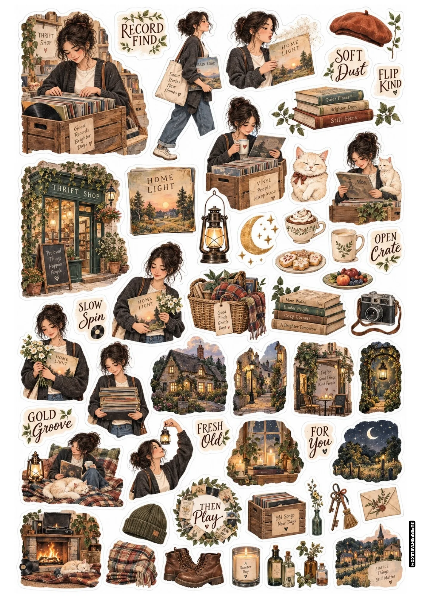 Vintage vinyl record stickers showing a girl flipping through wooden LP crates in a cozy shop.