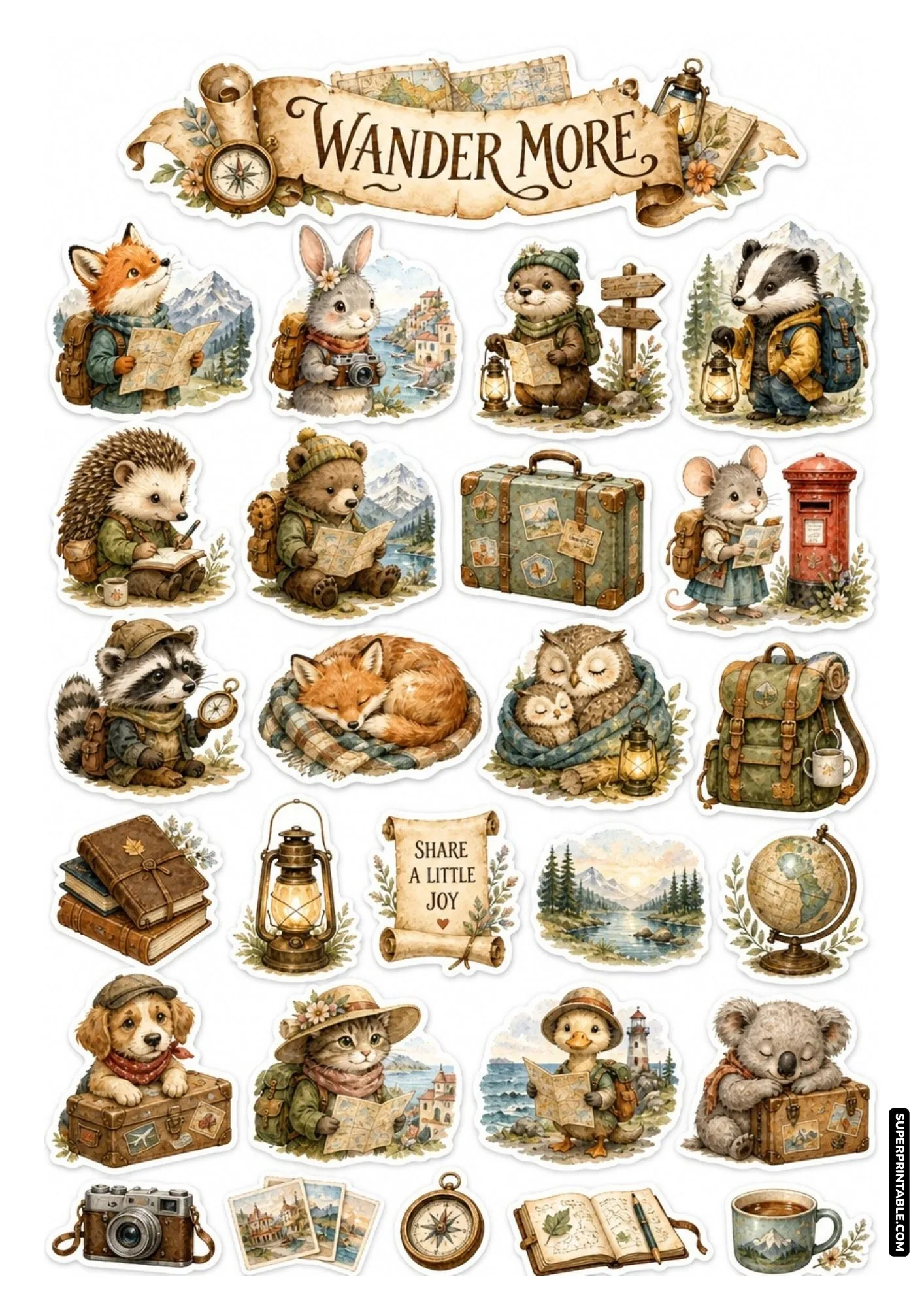 Cute forest animals on a wander more travel sticker sheet with vintage compass and maps