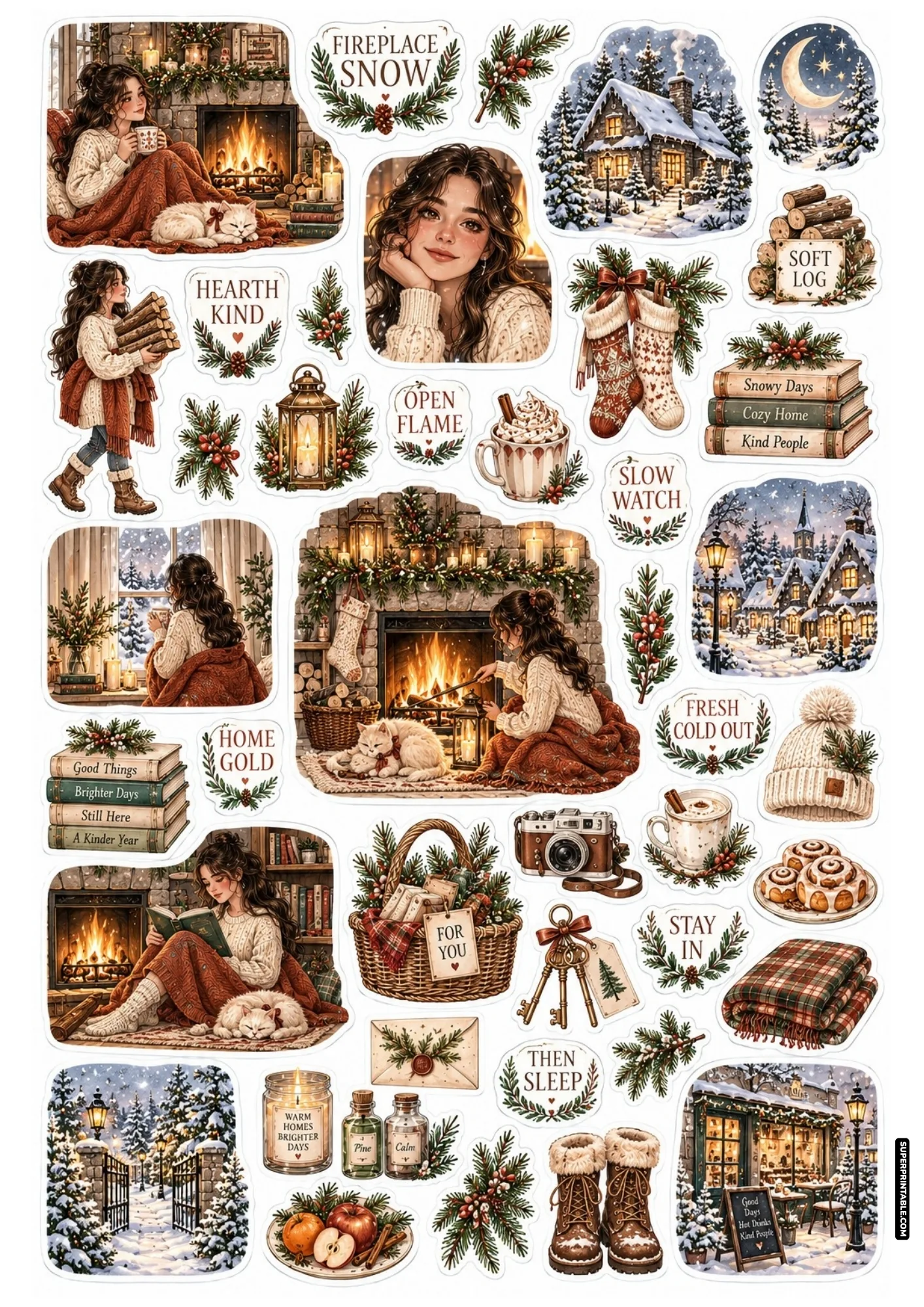 Fireside evening stickers showing roaring brick fireplaces, cozy reading corners, and snowy cottage scenery.