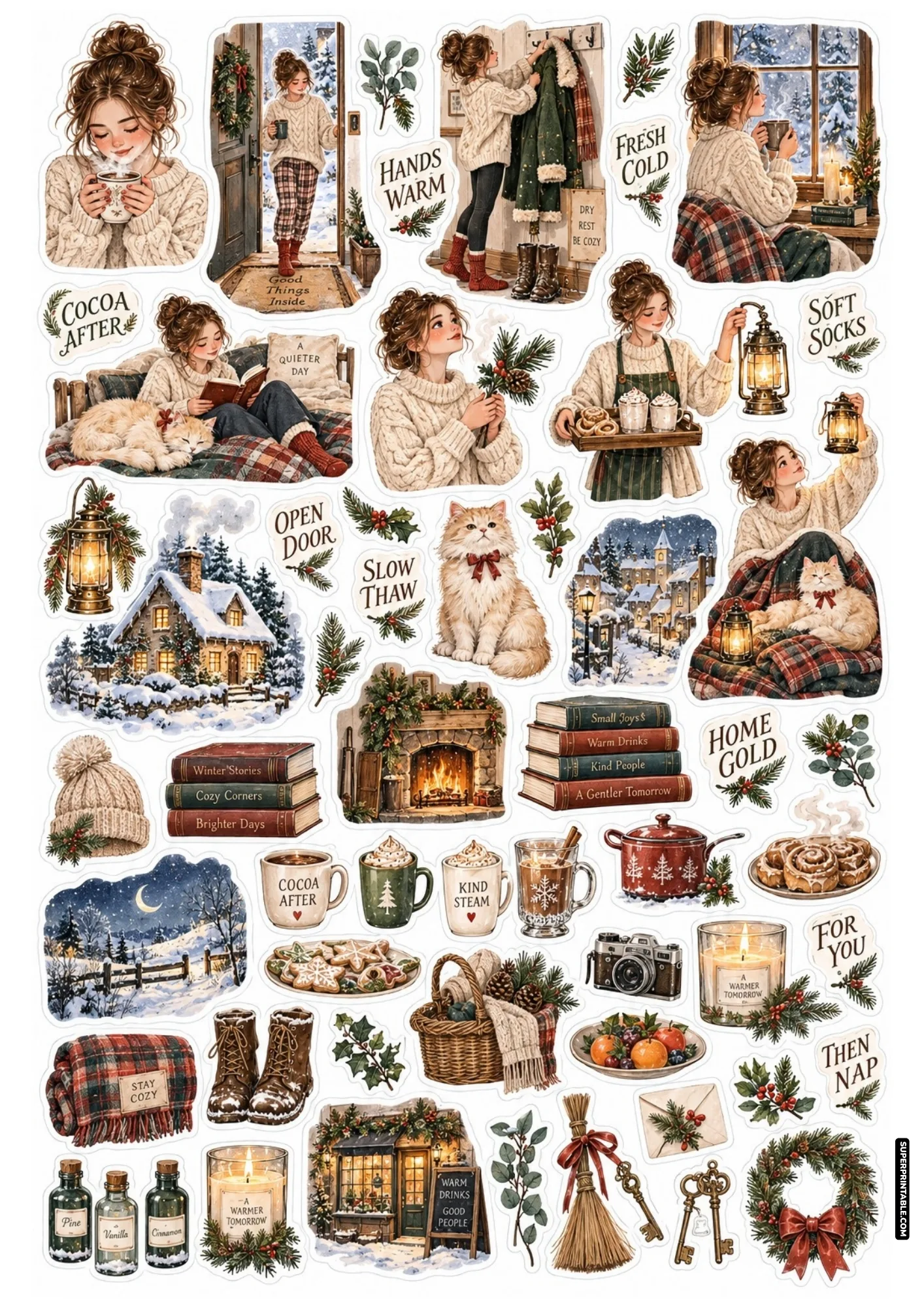 Charming winter cabin sticker sheet with warm fireplace glow, cable-knit sweaters, and holiday window views.