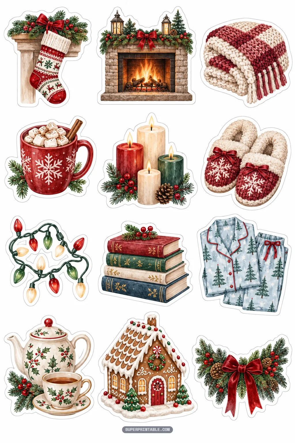 Warm holiday hearth stickers including fireplace hot cocoa slippers and gingerbread house