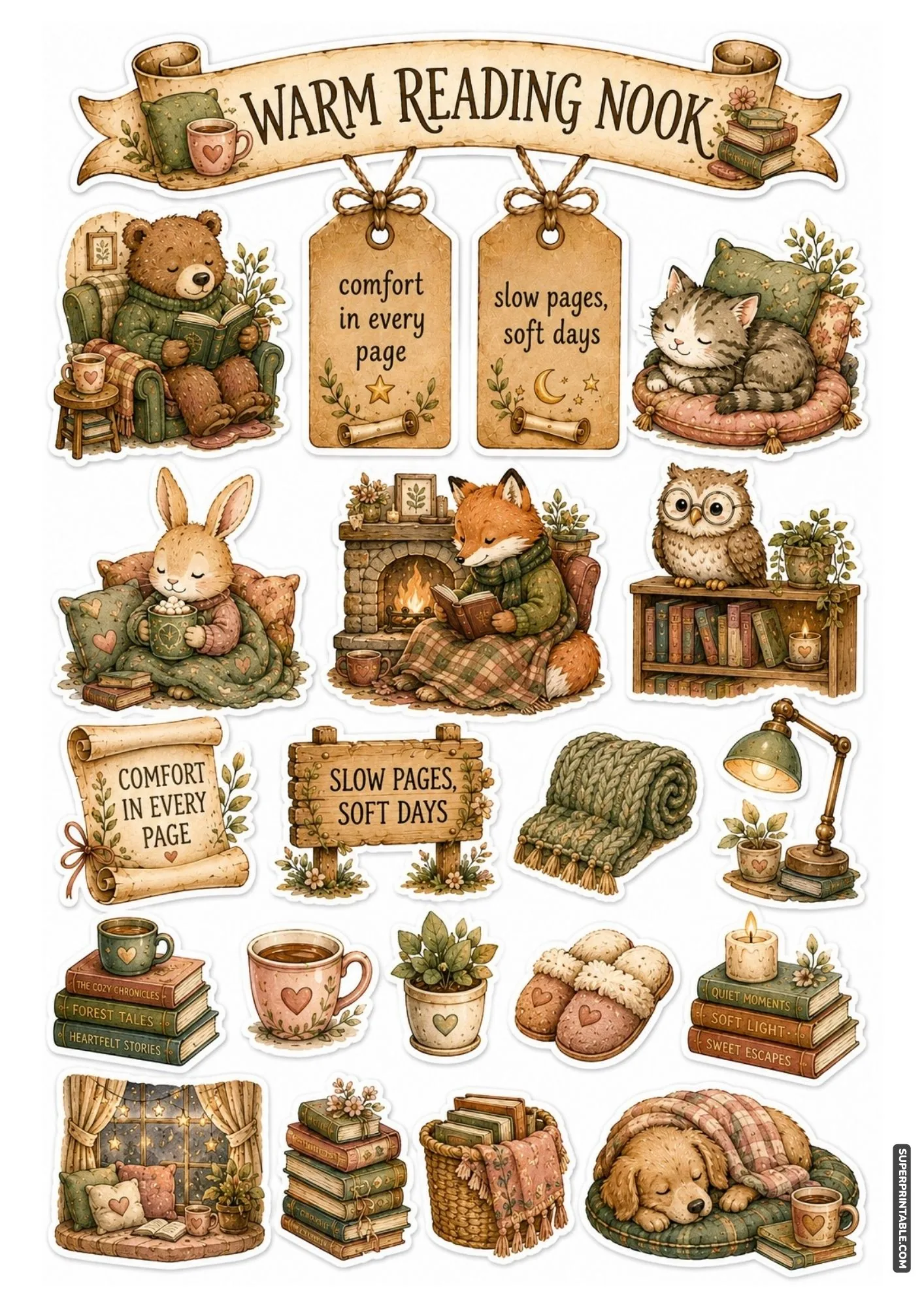 Warm reading nook printable stickers featuring animals reading by the fireplace with cozy blankets and slippers.