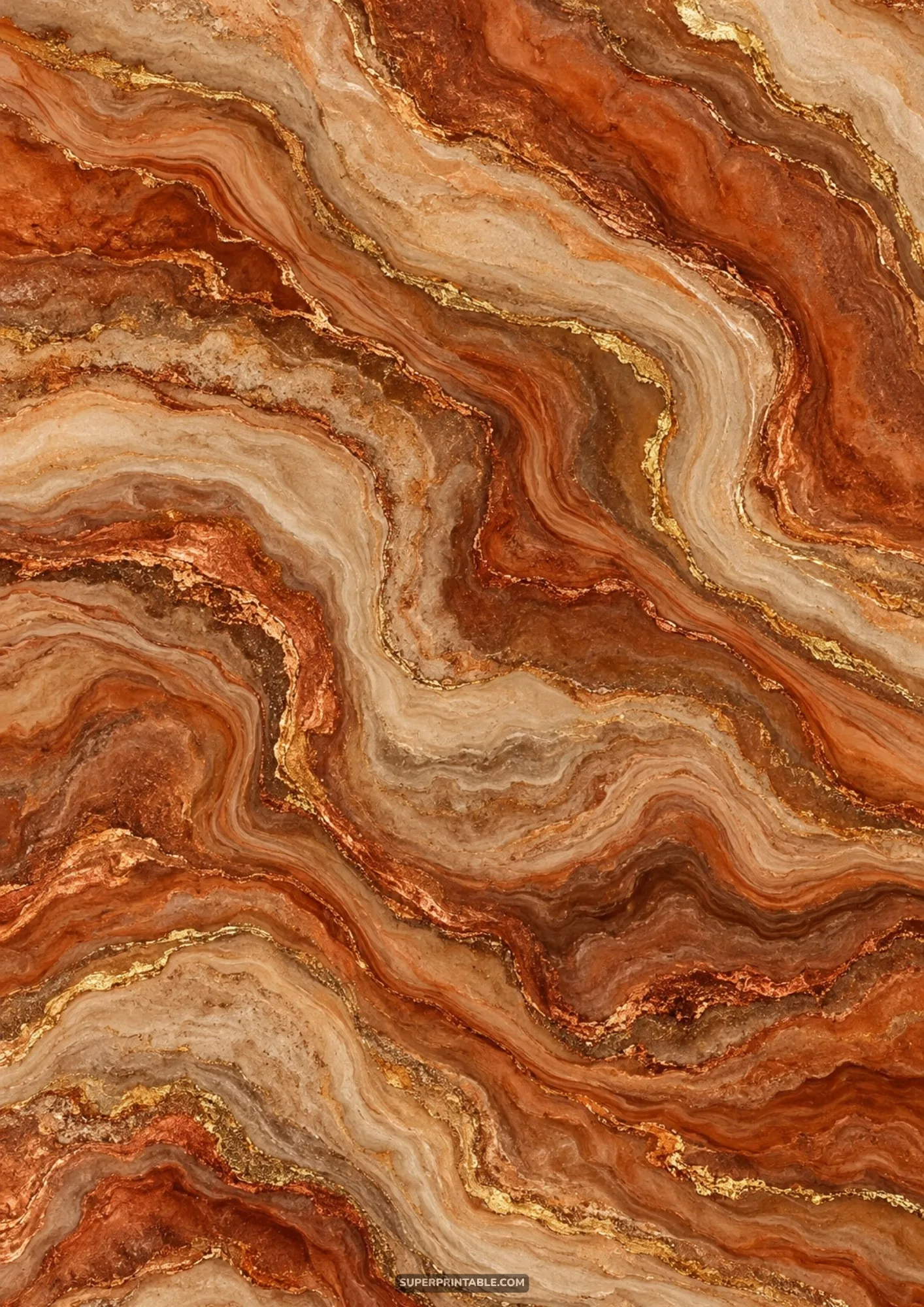 Terracotta and rust marbled agate waves infused with sparkling copper leaf and rich bronze veining