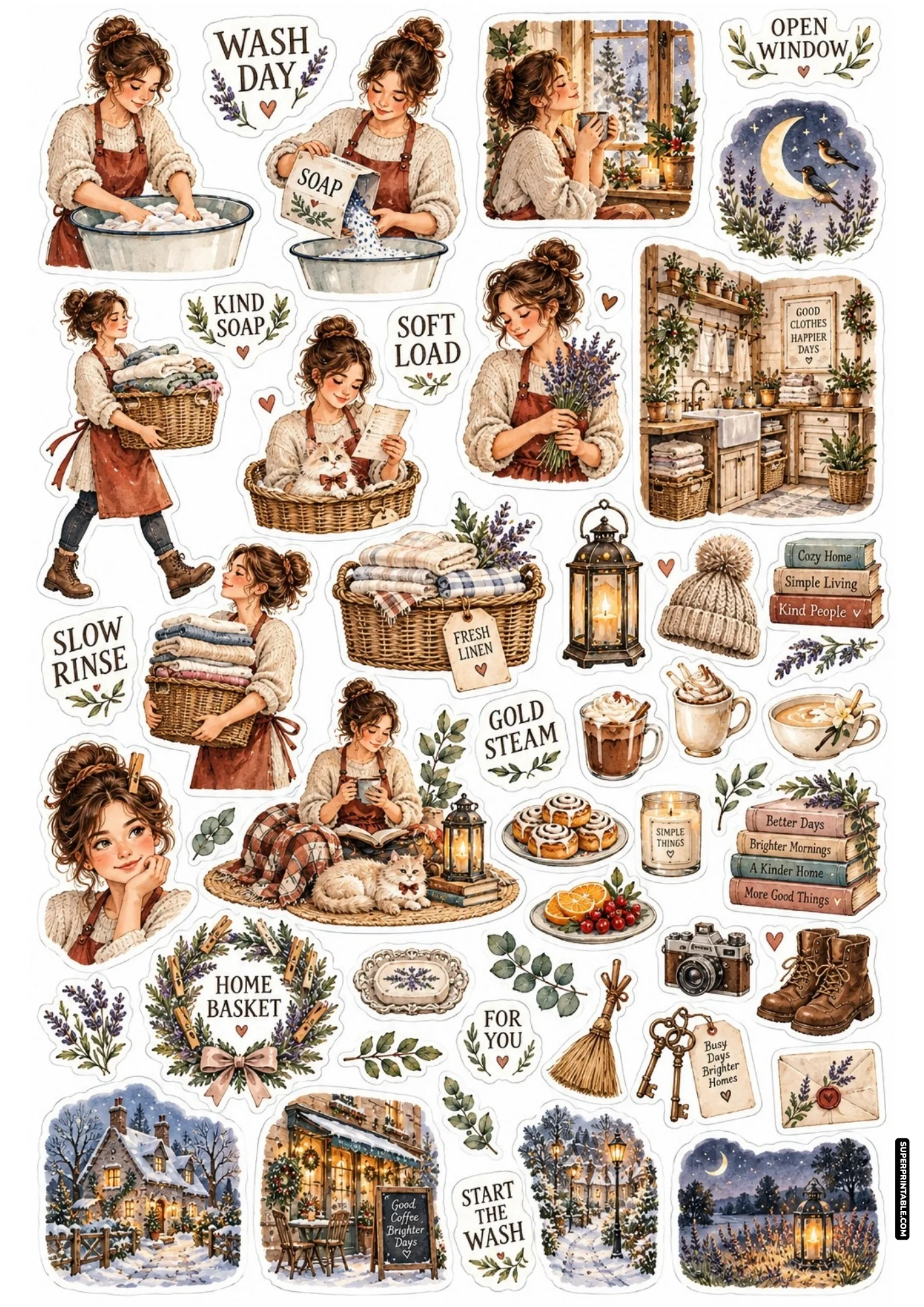 Cozy wash basin routine cutouts from laundry day sticker sheets with warm tea and winter village scenes