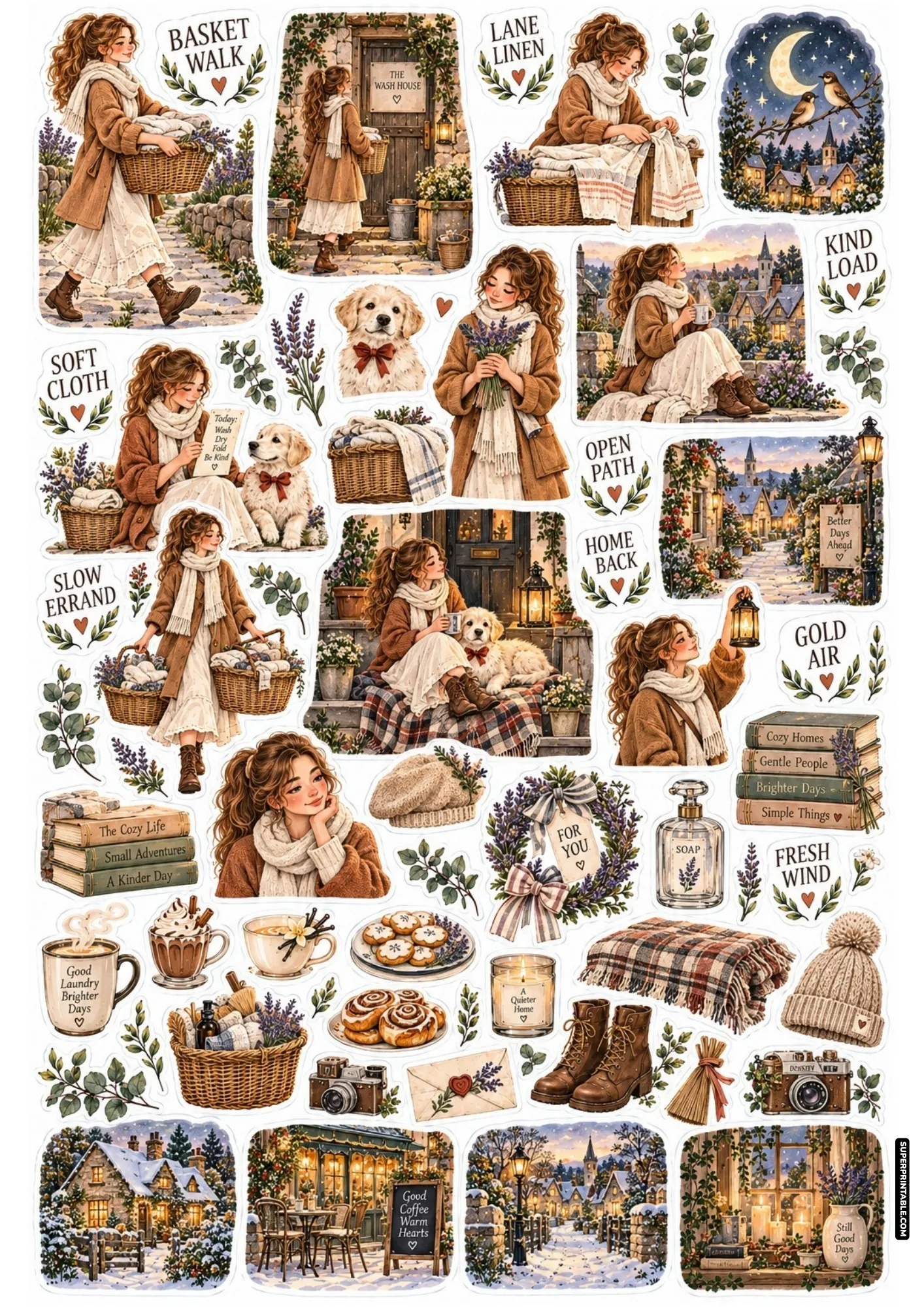 Wash house errand sticker elements with girl carrying laundry baskets, golden retriever dog, and lane
