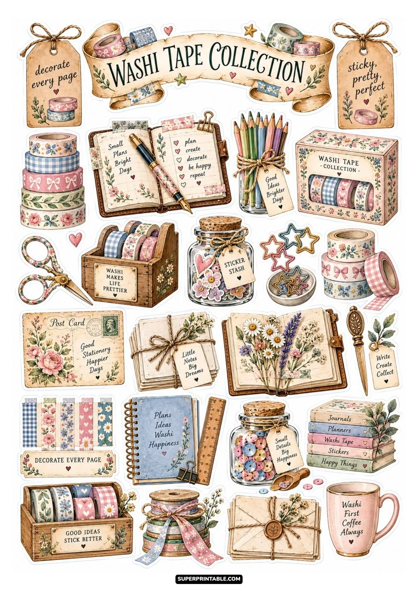 Washi tape collection sticker sheet featuring floral tape rolls, tape dispensers, scissors, and open planners.