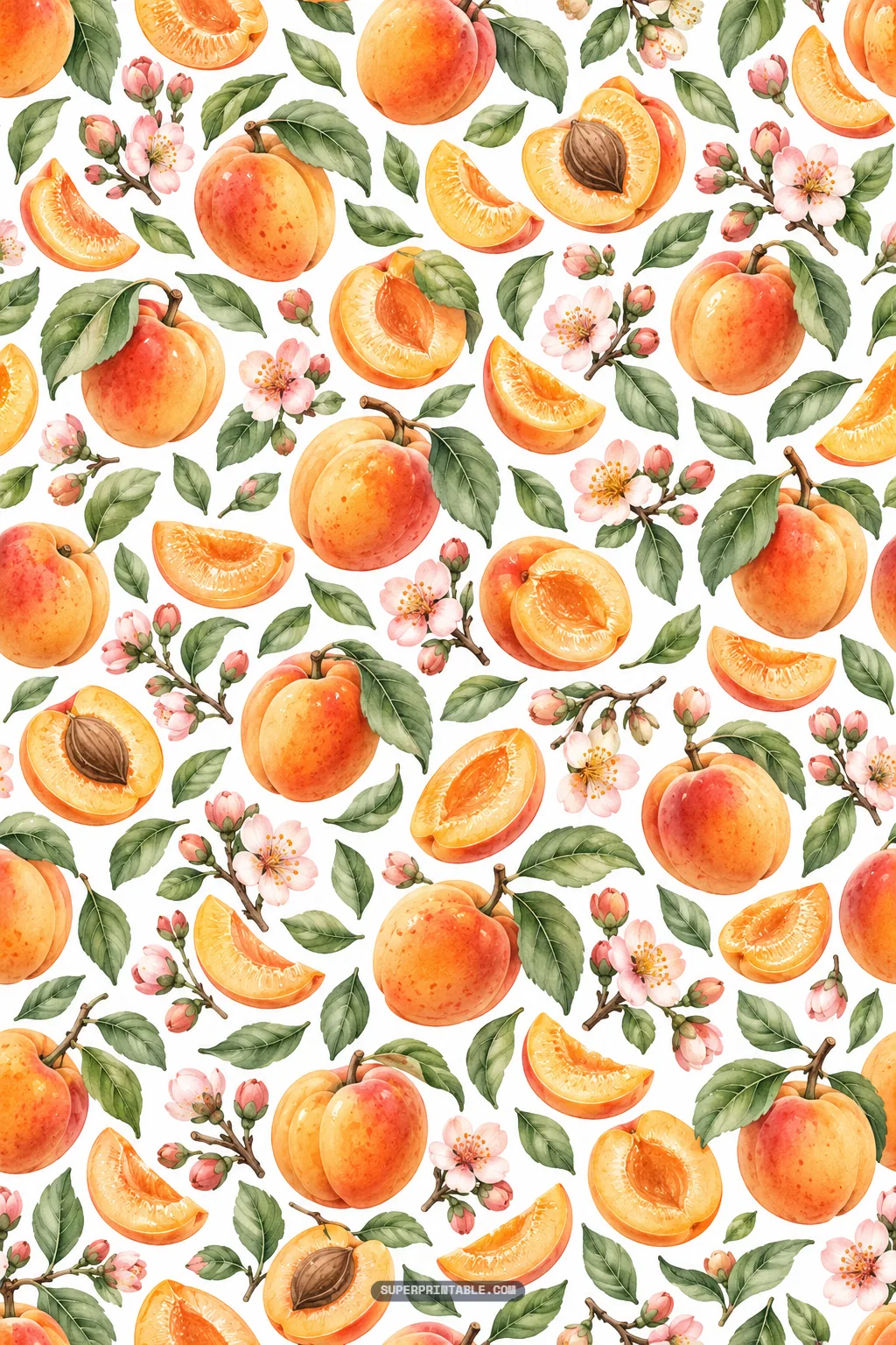 Watercolor scatter pattern with juicy apricot slices, halved fruit, seeds, and spring blossoms.