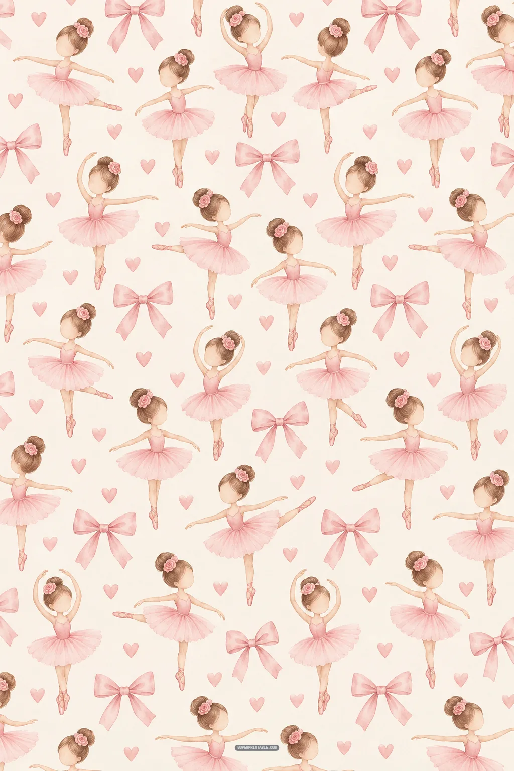 Sweet ballet and coquette digital papers print showing miniature ballerinas dancing among ribbons and hearts