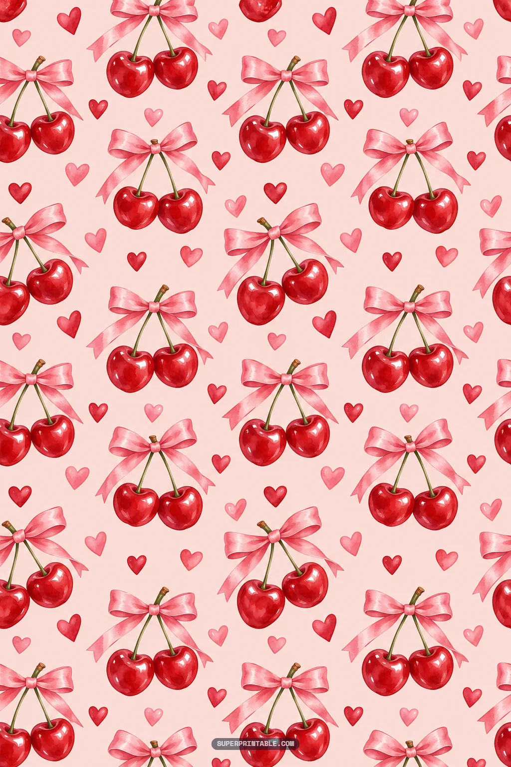 Glossy red watercolor cherry pairs tied with pink ribbons among tiny hearts on blush pink