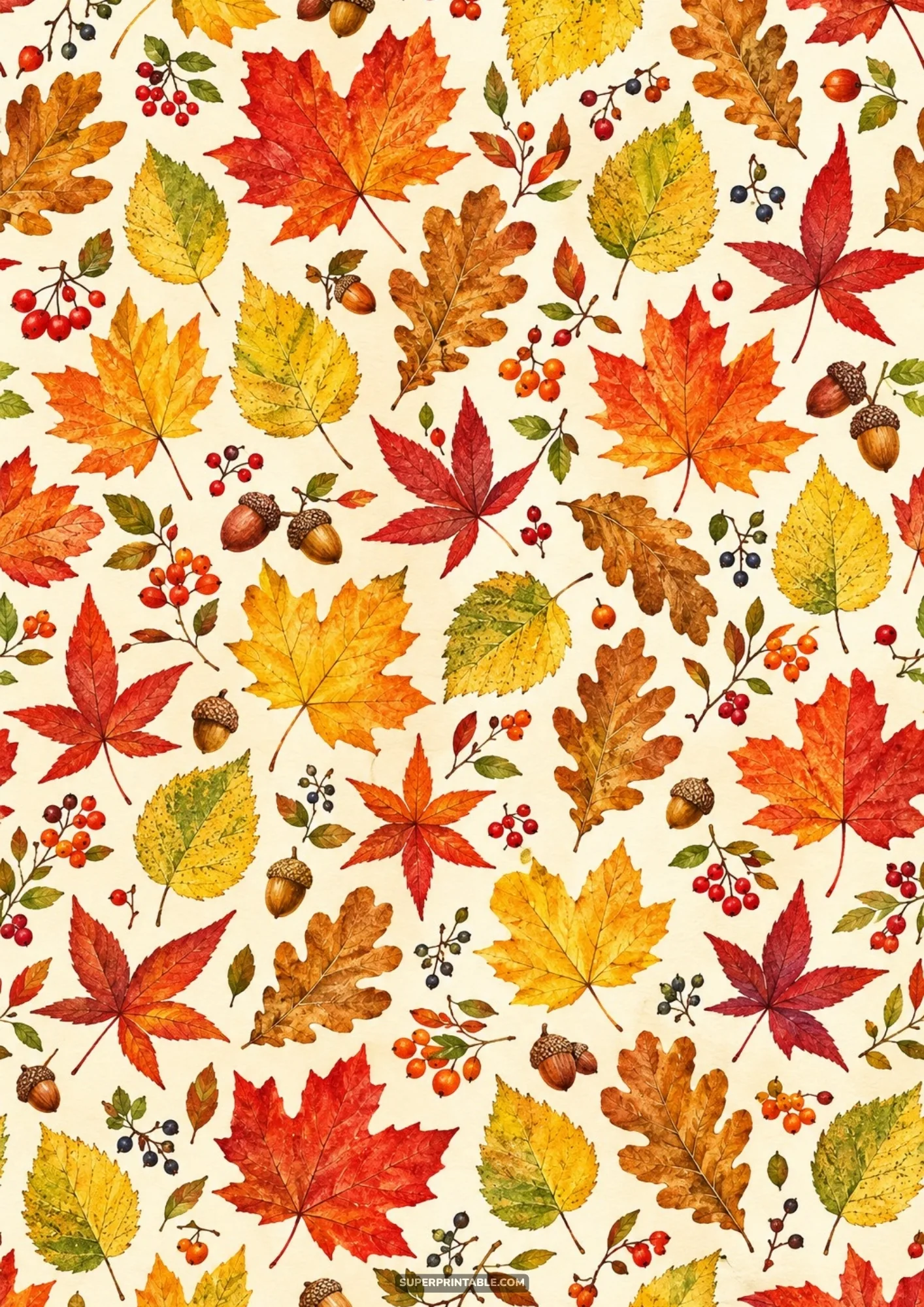 Seamless watercolor pattern with red maple foliage, golden oak leaves, acorns, and berries on cream paper.