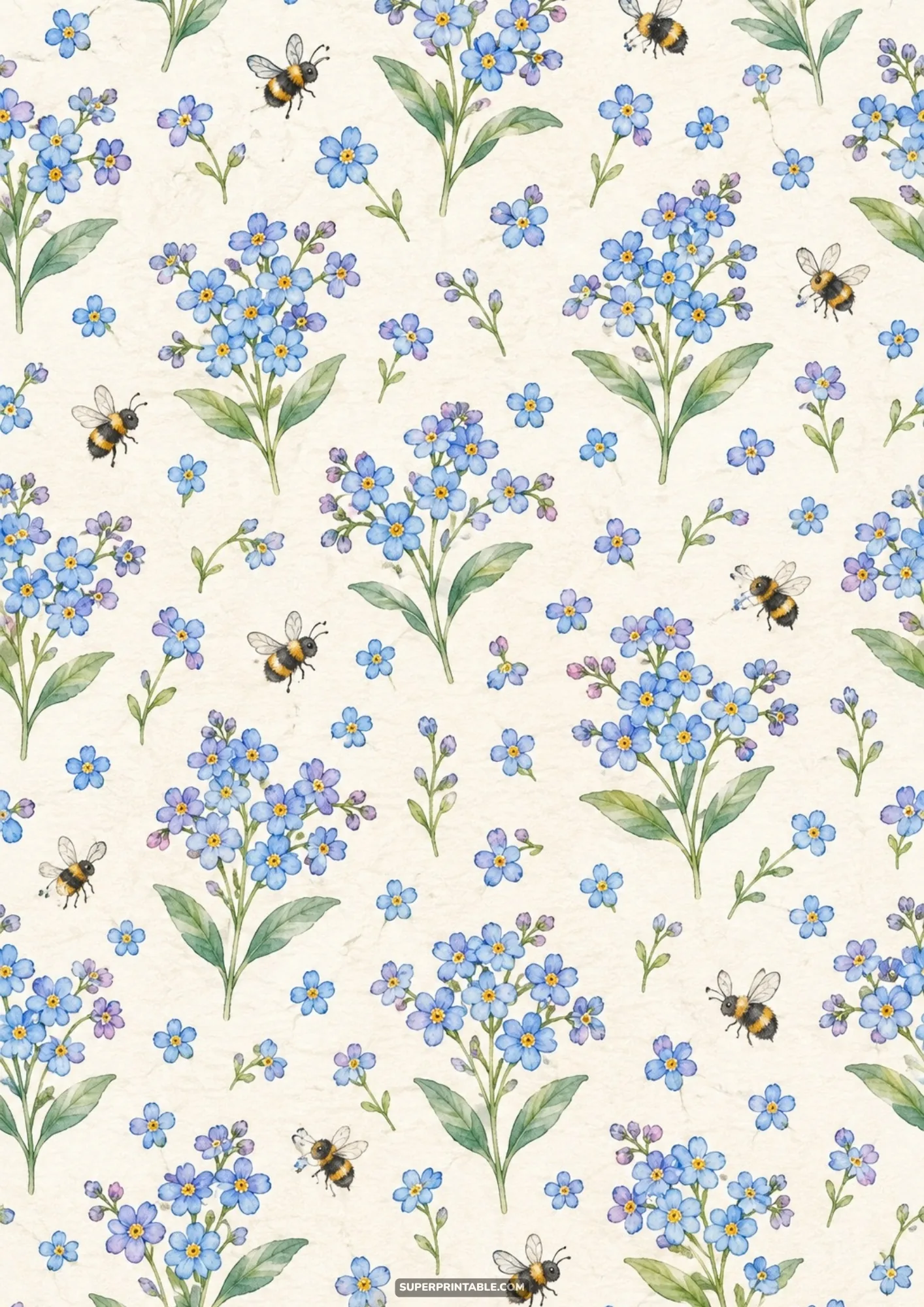 Seamless watercolor pattern of blue forget-me-not blossoms and fuzzy bumblebees
